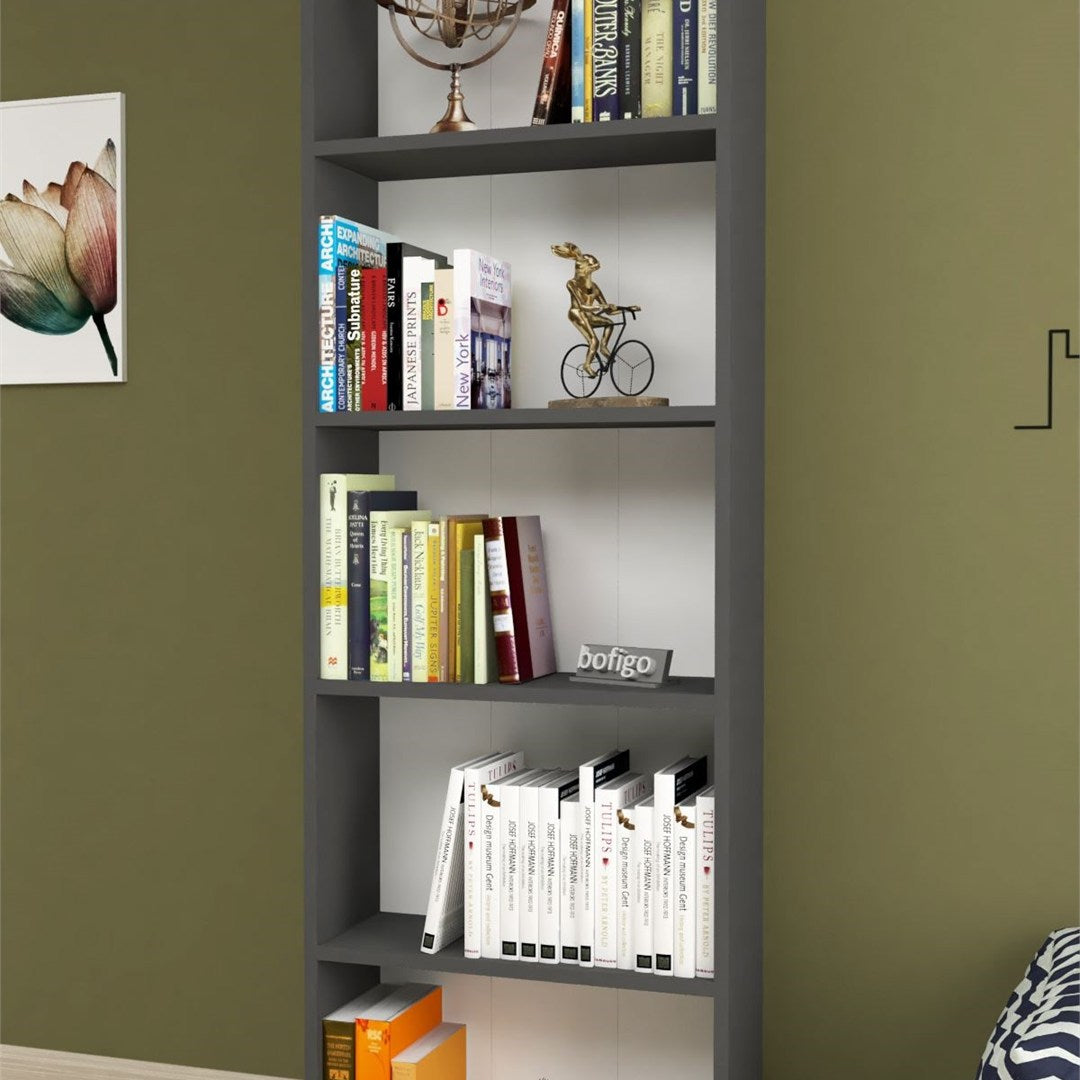 Biblioteca decorativa cu 5 rafturi din PAL, etajera carti 60 x 160 cm, structura integrala PAL melaminat 18 mm clasa E1, montaj rapid cu suruburi pre-gaurite, pentru birou living sau dormitor, stil clasic modern Antracit - detaliu 2