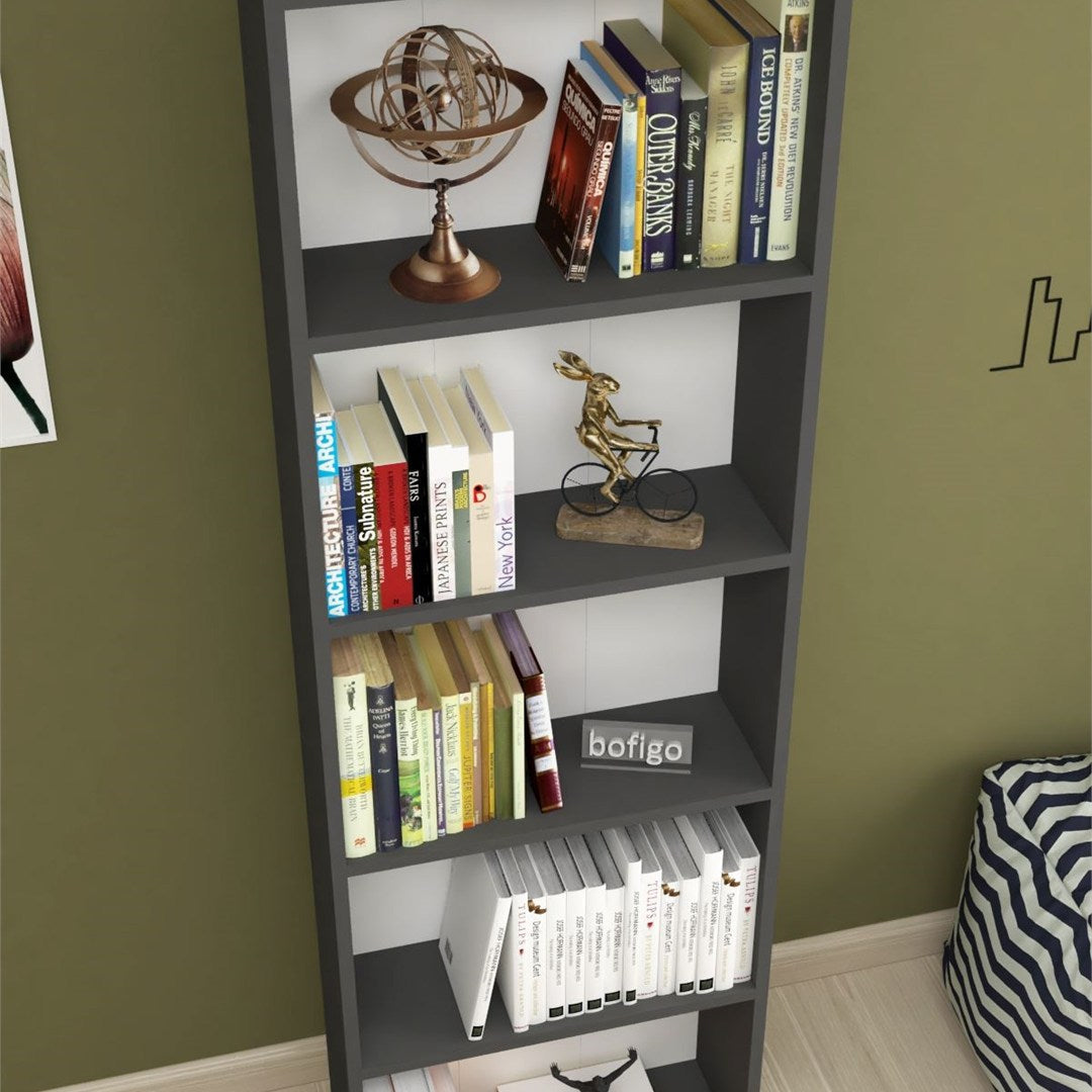 Biblioteca decorativa cu 5 rafturi din PAL, etajera carti 60 x 160 cm, structura integrala PAL melaminat 18 mm clasa E1, montaj rapid cu suruburi pre-gaurite, pentru birou living sau dormitor, stil clasic modern Antracit - detaliu 4