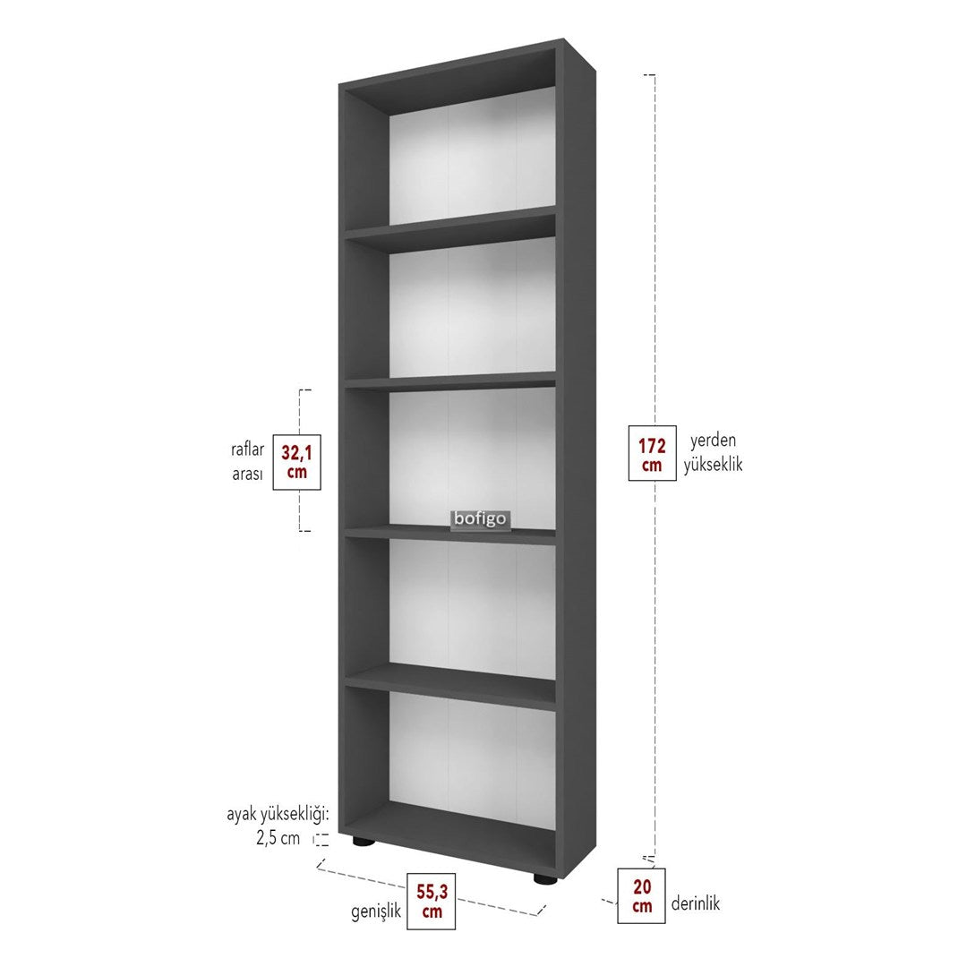 Biblioteca decorativa cu 5 rafturi din PAL, etajera carti 60 x 160 cm, structura integrala PAL melaminat 18 mm clasa E1, montaj rapid cu suruburi pre-gaurite, pentru birou living sau dormitor, stil clasic modern Antracit - detaliu 5