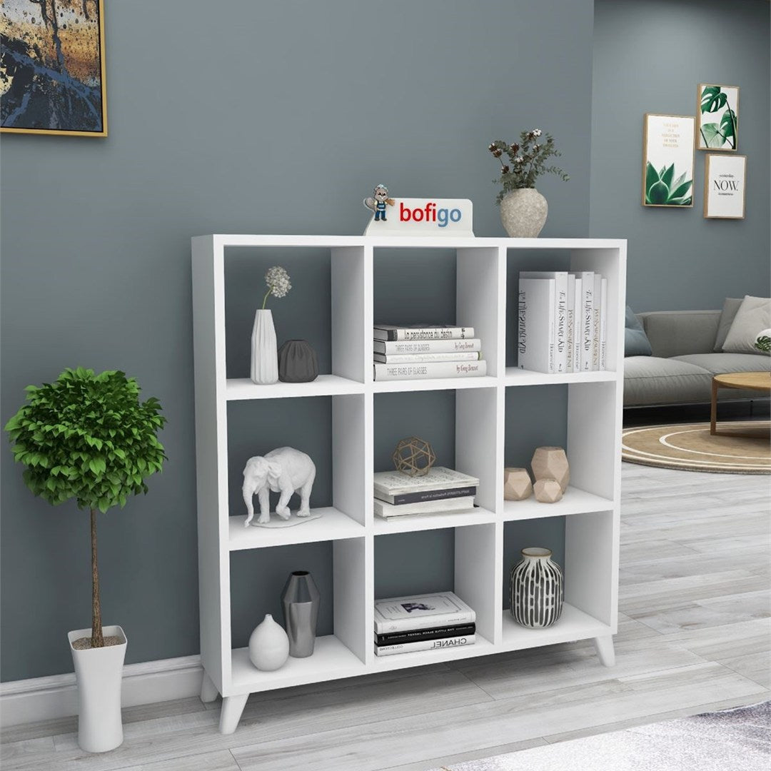 Biblioteca Cub cu 9 compartimente si rafturi, etajera carti 100 x 100 cm, cutii organizatoare design geometric modern, PAL melaminat 18 mm clasa E1, asezabila vertical sau orizontal ca bancuta, stil scandinav Alb - vedere principala