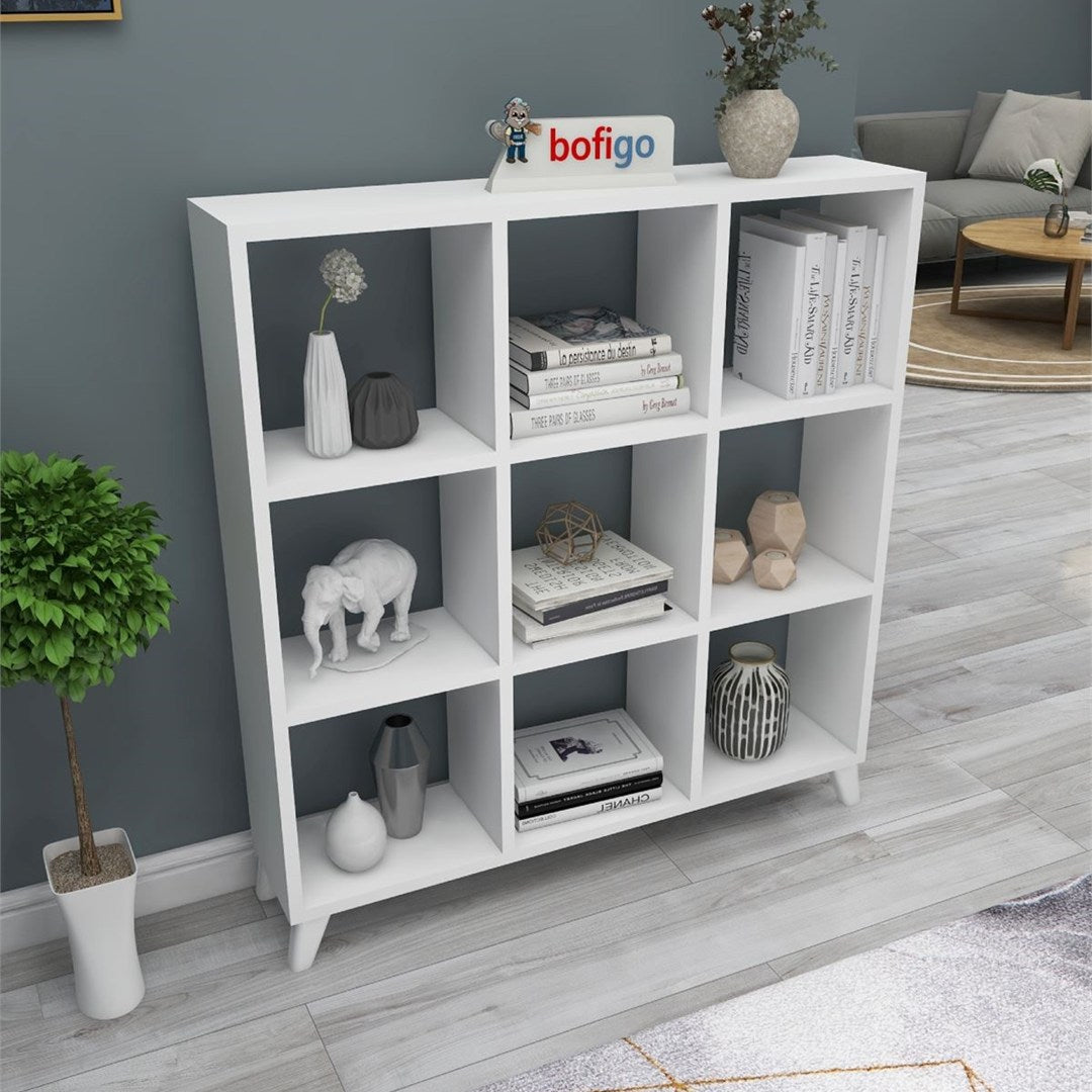 Biblioteca Cub cu 9 compartimente si rafturi, etajera carti 100 x 100 cm, cutii organizatoare design geometric modern, PAL melaminat 18 mm clasa E1, asezabila vertical sau orizontal ca bancuta, stil scandinav Alb - detaliu 3