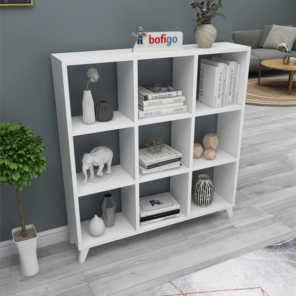 Biblioteca Cub cu 9 compartimente si rafturi, etajera carti 100 x 100 cm, cutii organizatoare design geometric modern, PAL melaminat 18 mm clasa E1, asezabila vertical sau orizontal ca bancuta, stil scandinav Alb - vedere principala