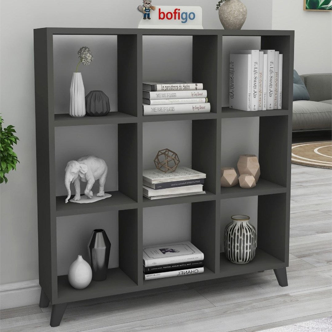 Biblioteca Cub cu 9 compartimente si rafturi, etajera carti 100 x 100 cm, cutii organizatoare design geometric modern, PAL melaminat 18 mm clasa E1, asezabila vertical sau orizontal ca bancuta, stil scandinav Alb - detaliu 8
