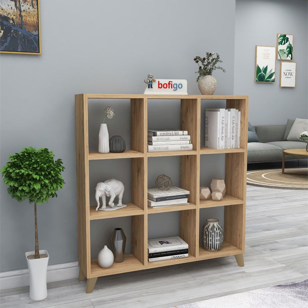Biblioteca Cub cu 9 compartimente si rafturi, etajera carti 100 x 100 cm, cutii organizatoare design geometric modern, PAL melaminat 18 mm clasa E1, asezabila vertical sau orizontal ca bancuta, stil scandinav Pin natur - detaliu 2