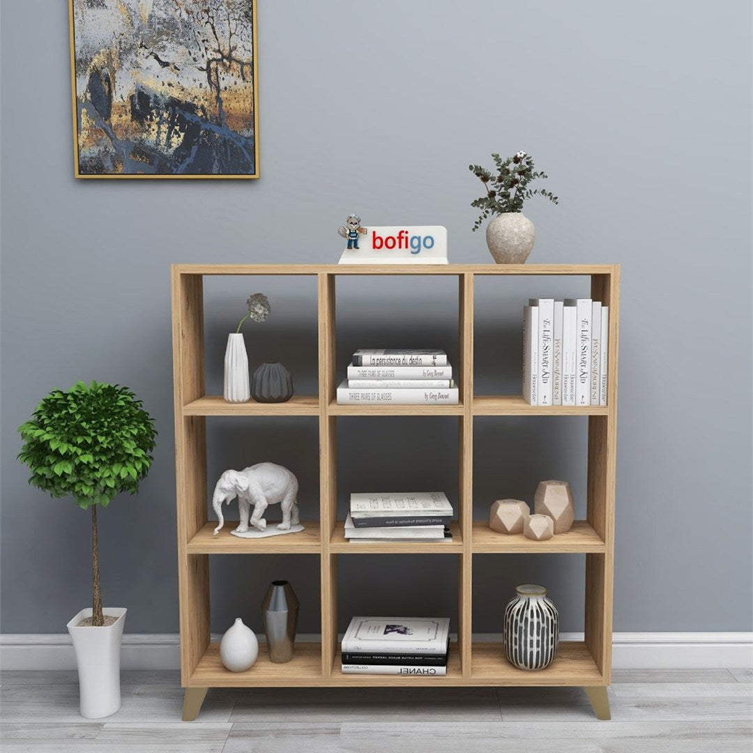 Biblioteca Cub cu 9 compartimente si rafturi, etajera carti 100 x 100 cm, cutii organizatoare design geometric modern, PAL melaminat 18 mm clasa E1, asezabila vertical sau orizontal ca bancuta, stil scandinav Pin natur - detaliu 3