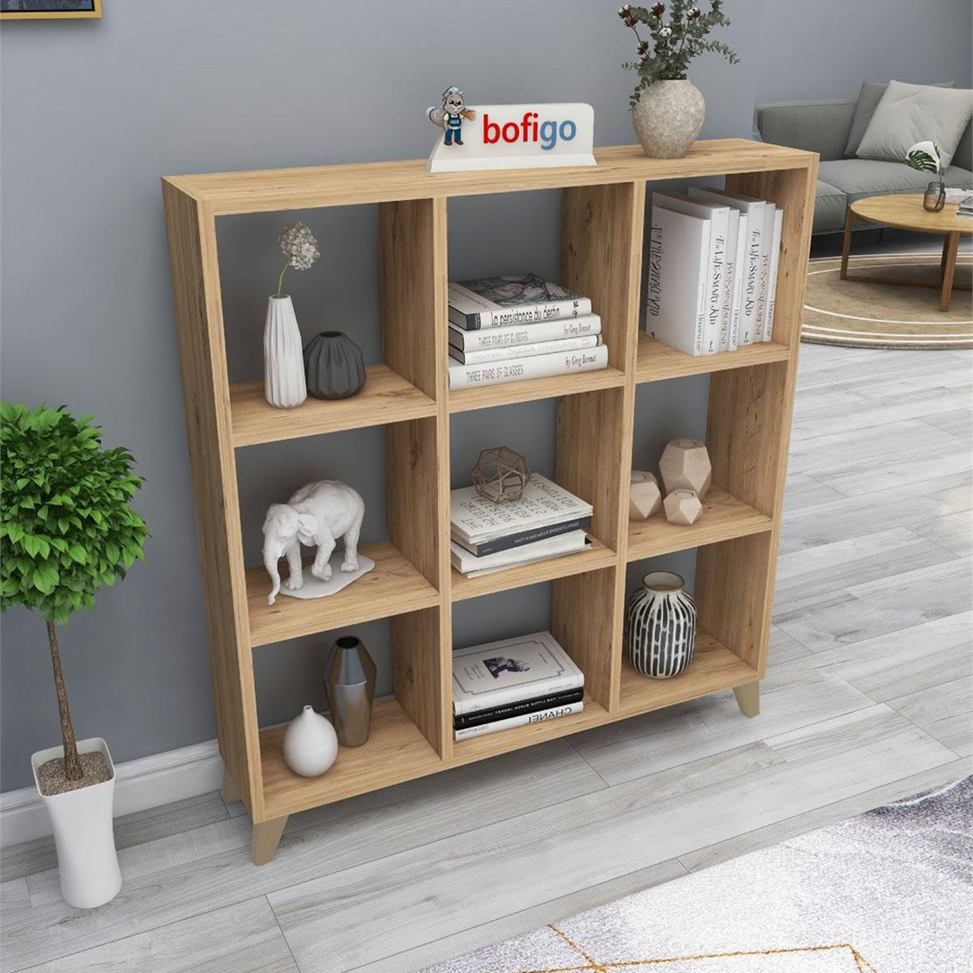 Biblioteca Cub cu 9 compartimente si rafturi, etajera carti 100 x 100 cm, cutii organizatoare design geometric modern, PAL melaminat 18 mm clasa E1, asezabila vertical sau orizontal ca bancuta, stil scandinav Pin natur - detaliu 4