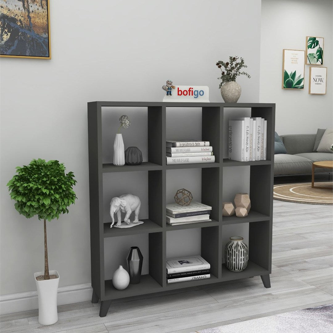 Biblioteca Cub cu 9 compartimente si rafturi, etajera carti 100 x 100 cm, cutii organizatoare design geometric modern, PAL melaminat 18 mm clasa E1, asezabila vertical sau orizontal ca bancuta, stil scandinav Antracit - detaliu 2