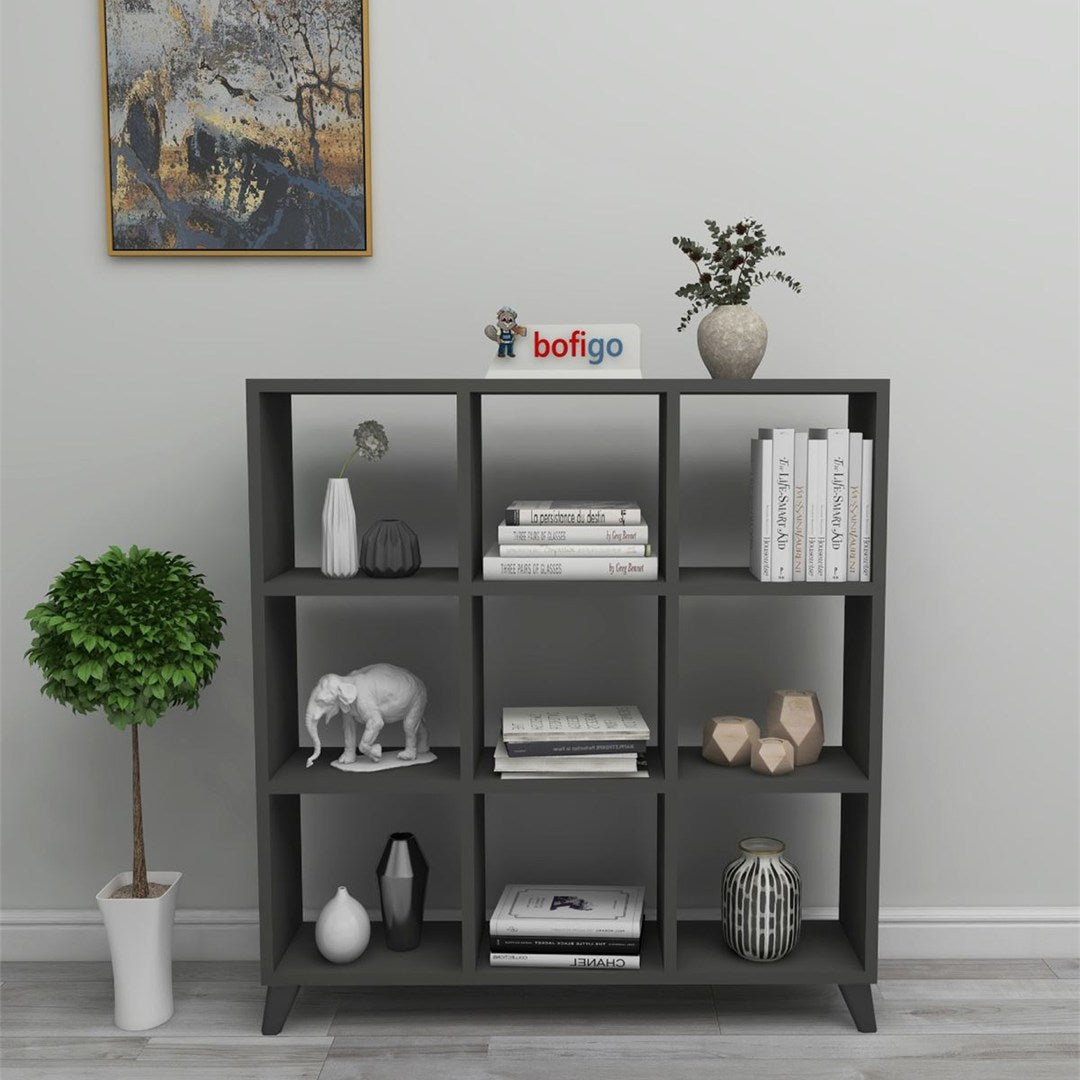 Biblioteca Cub cu 9 compartimente si rafturi, etajera carti 100 x 100 cm, cutii organizatoare design geometric modern, PAL melaminat 18 mm clasa E1, asezabila vertical sau orizontal ca bancuta, stil scandinav Antracit - detaliu 3