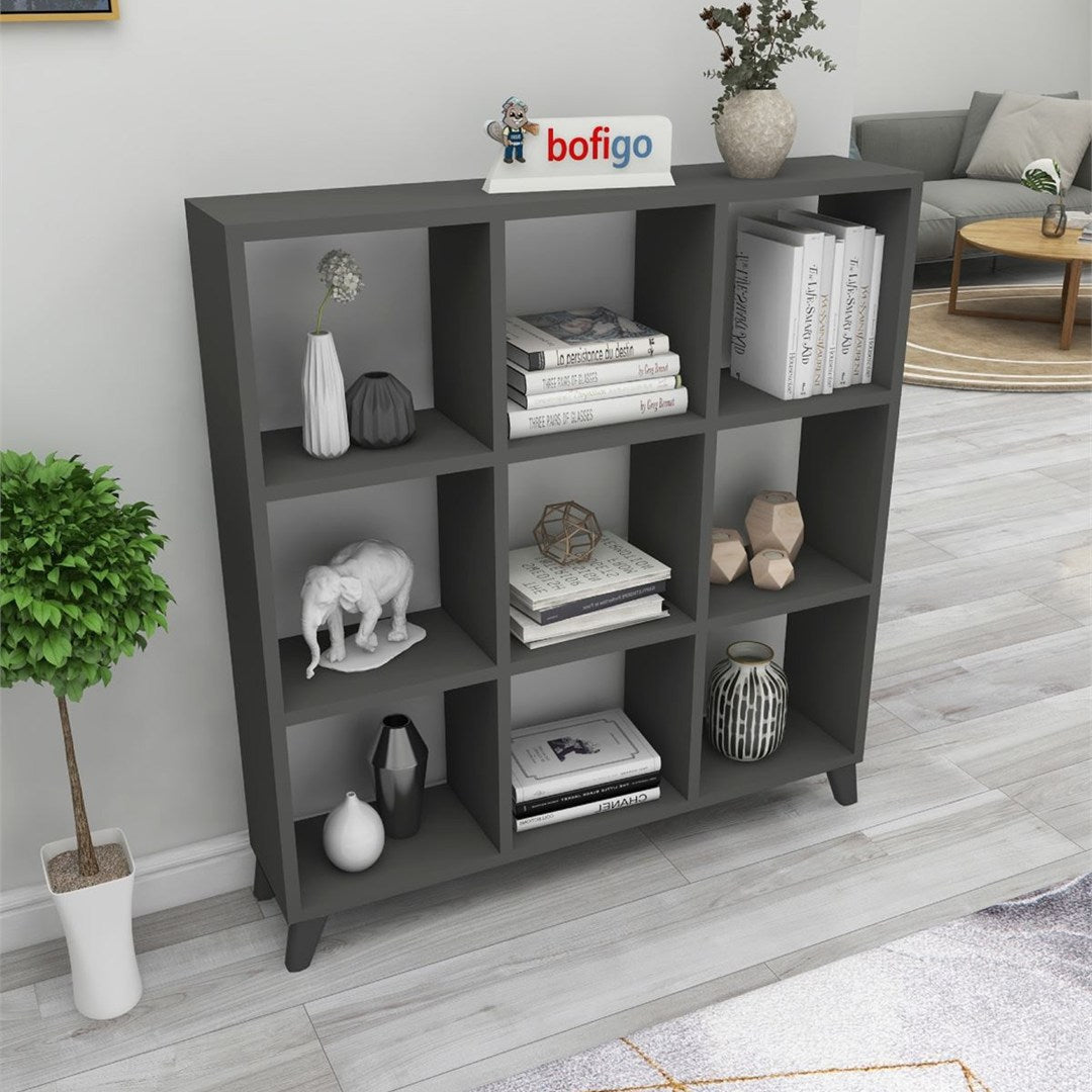 Biblioteca Cub cu 9 compartimente si rafturi, etajera carti 100 x 100 cm, cutii organizatoare design geometric modern, PAL melaminat 18 mm clasa E1, asezabila vertical sau orizontal ca bancuta, stil scandinav Antracit - detaliu 4