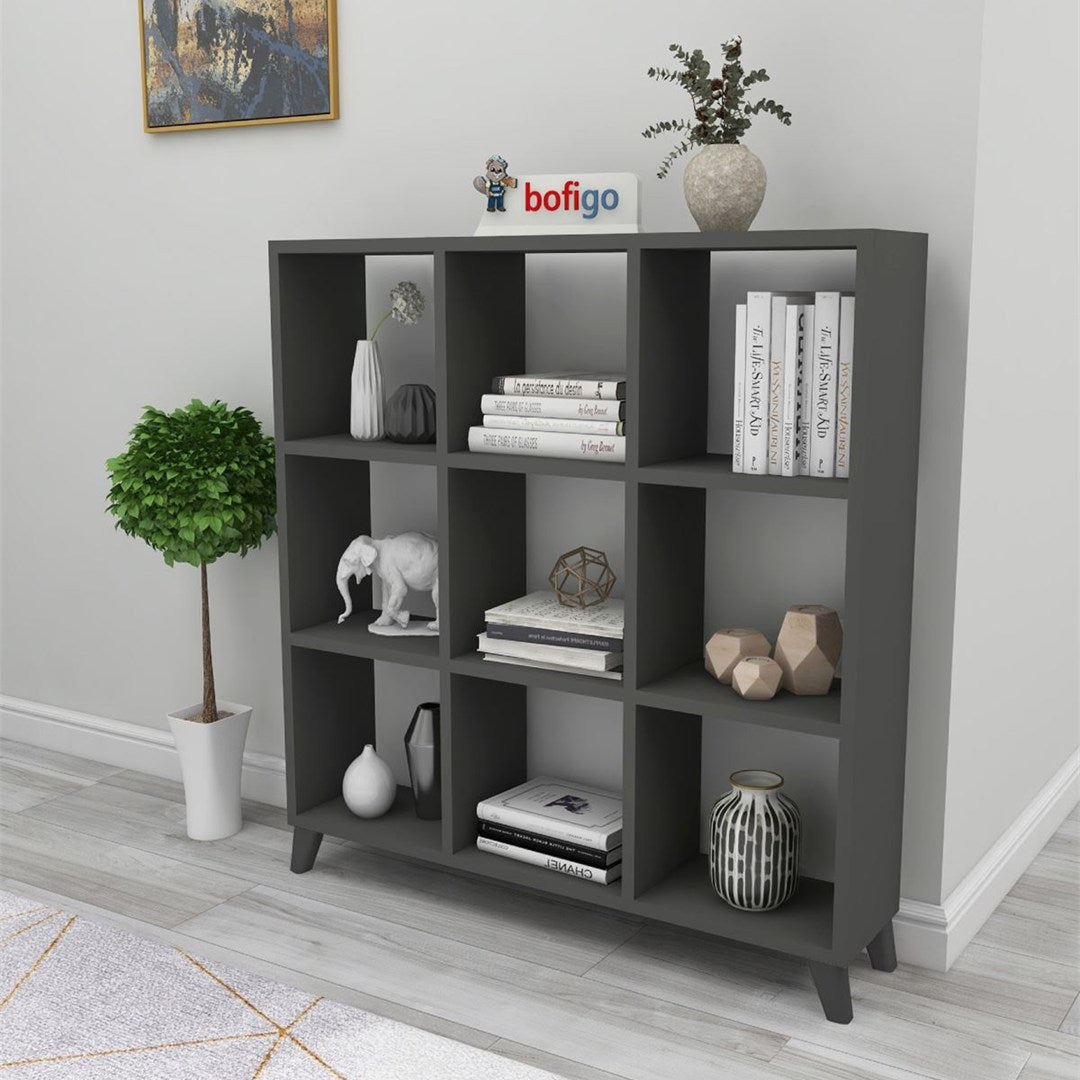 Biblioteca Cub cu 9 compartimente si rafturi, etajera carti 100 x 100 cm, cutii organizatoare design geometric modern, PAL melaminat 18 mm clasa E1, asezabila vertical sau orizontal ca bancuta, stil scandinav Antracit - detaliu 5