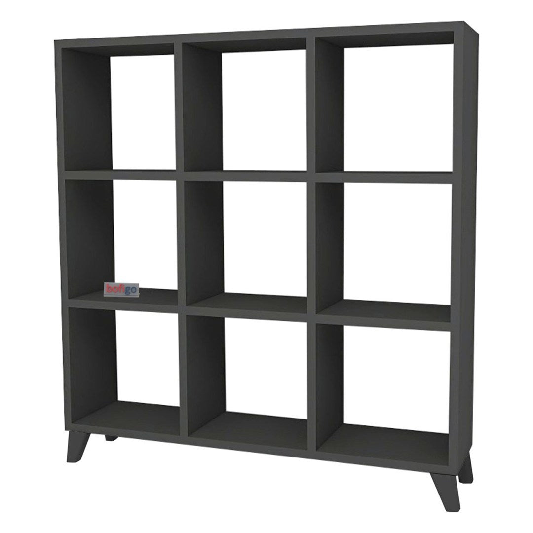 Biblioteca Cub cu 9 compartimente si rafturi, etajera carti 100 x 100 cm, cutii organizatoare design geometric modern, PAL melaminat 18 mm clasa E1, asezabila vertical sau orizontal ca bancuta, stil scandinav Antracit - detaliu 6
