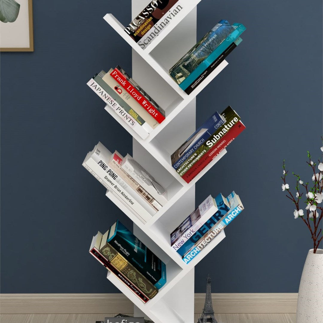 Biblioteca Copac cu rafturi decorative, etajera living 60 x 170 cm in forma de copac, cadru metalic negru + polite PAL melaminat 18 mm, element decorativ remarcabil pentru living sau birou, stil industrial modern Alb - vedere principala