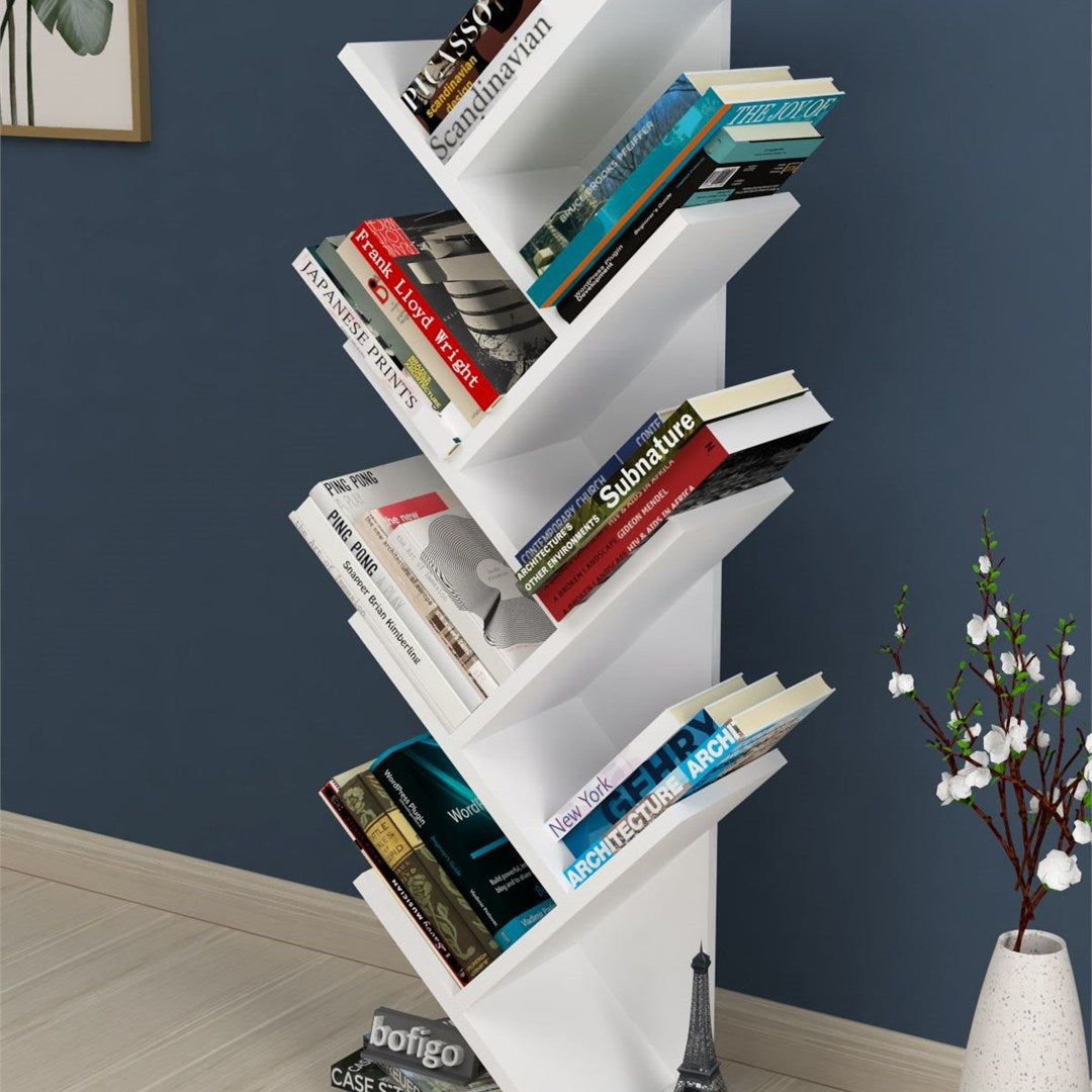 Biblioteca Copac cu rafturi decorative, etajera living 60 x 170 cm in forma de copac, cadru metalic negru + polite PAL melaminat 18 mm, element decorativ remarcabil pentru living sau birou, stil industrial modern Alb - detaliu 3