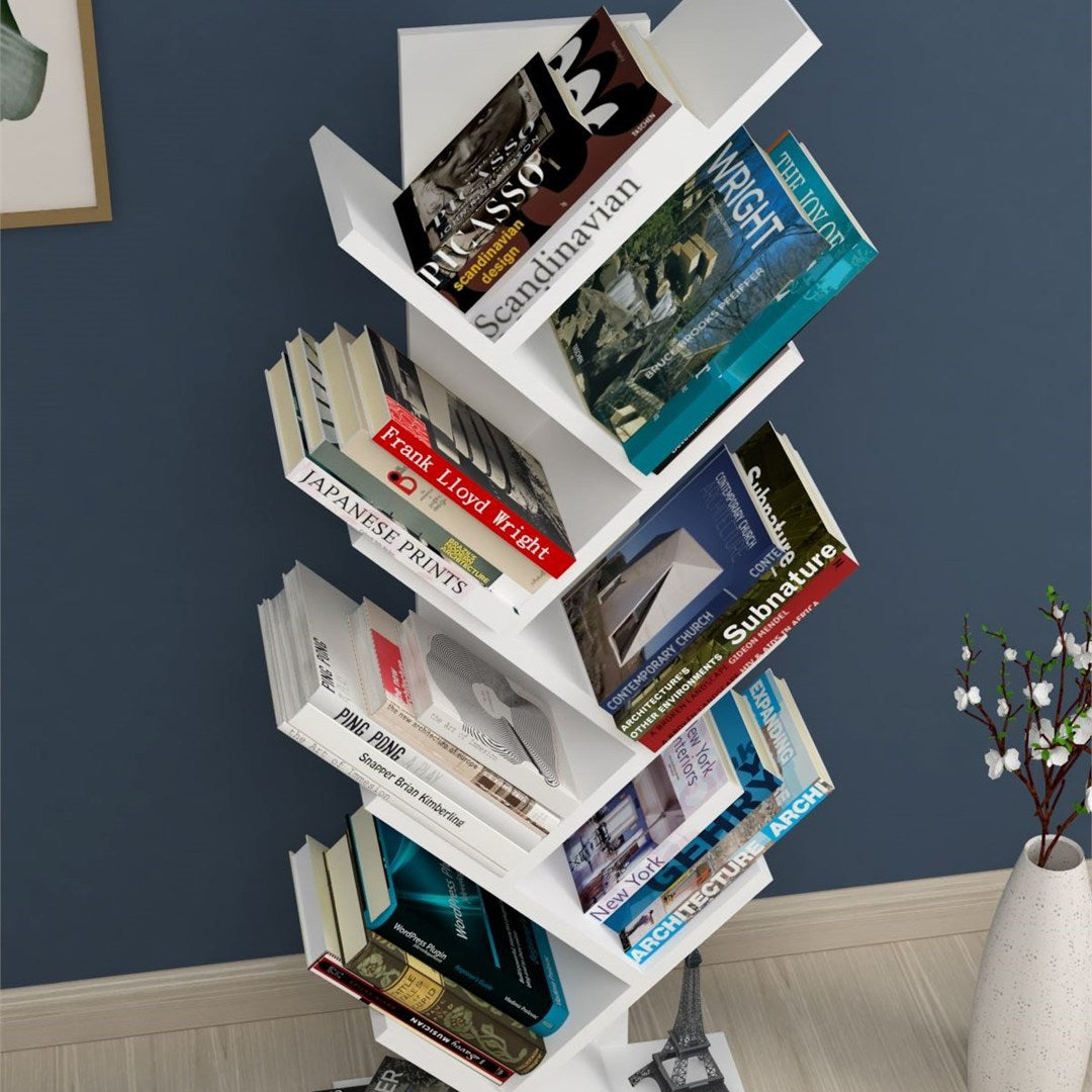 Biblioteca Copac cu rafturi decorative, etajera living 60 x 170 cm in forma de copac, cadru metalic negru + polite PAL melaminat 18 mm, element decorativ remarcabil pentru living sau birou, stil industrial modern Alb - detaliu 4