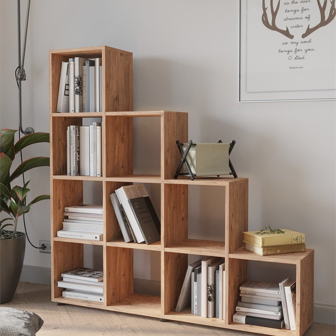Biblioteca scara cu 10 rafturi, etajera carti 80 x 170 cm capacitate uriasa, doua laturi simetrice aerate, PAL melaminat 18 mm clasa E1 rezistent, stil scandinav modern ideal birou living sau studio Pin natur - vedere principala
