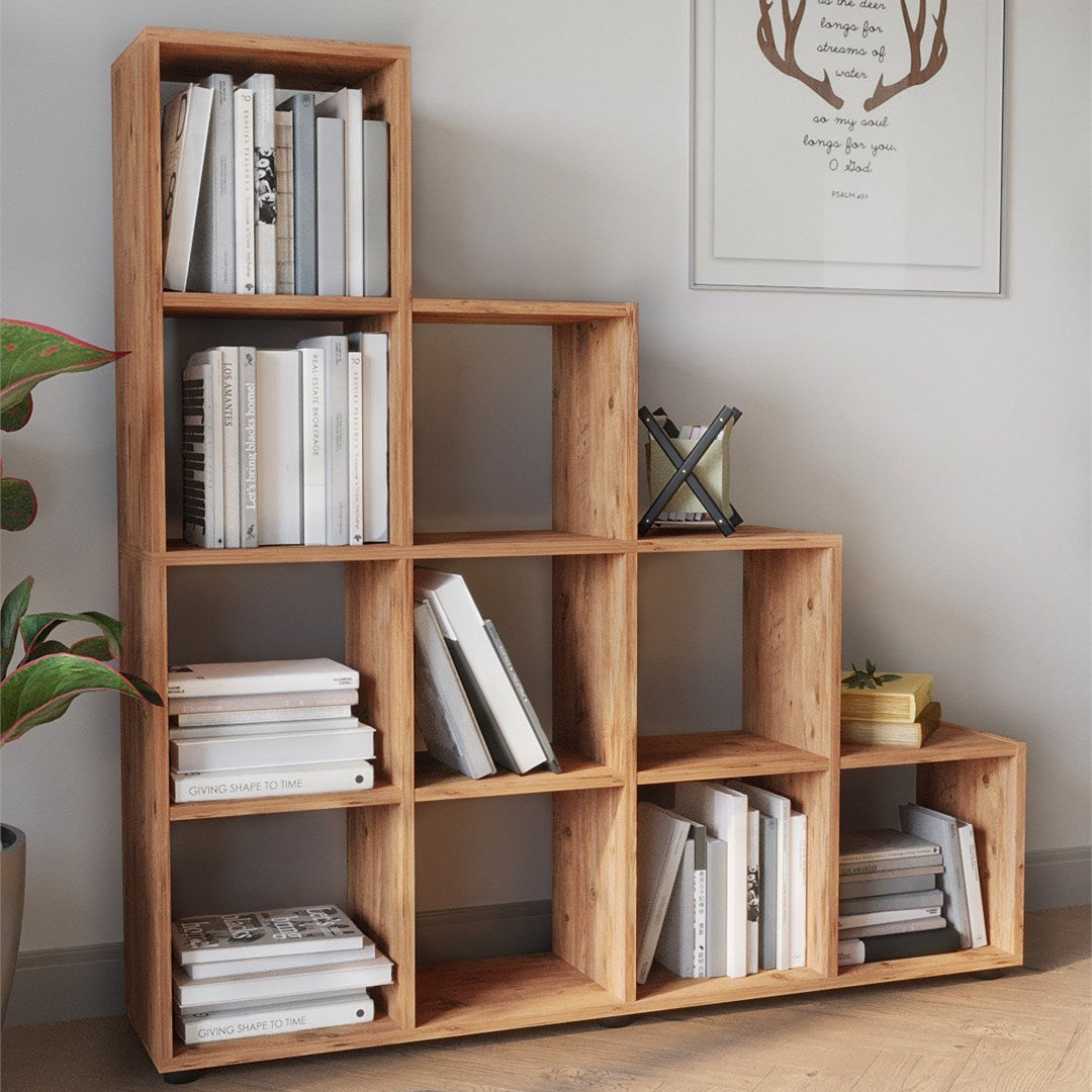 Biblioteca scara cu 10 rafturi, etajera carti 80 x 170 cm capacitate uriasa, doua laturi simetrice aerate, PAL melaminat 18 mm clasa E1 rezistent, stil scandinav modern ideal birou living sau studio Pin natur - detaliu 2