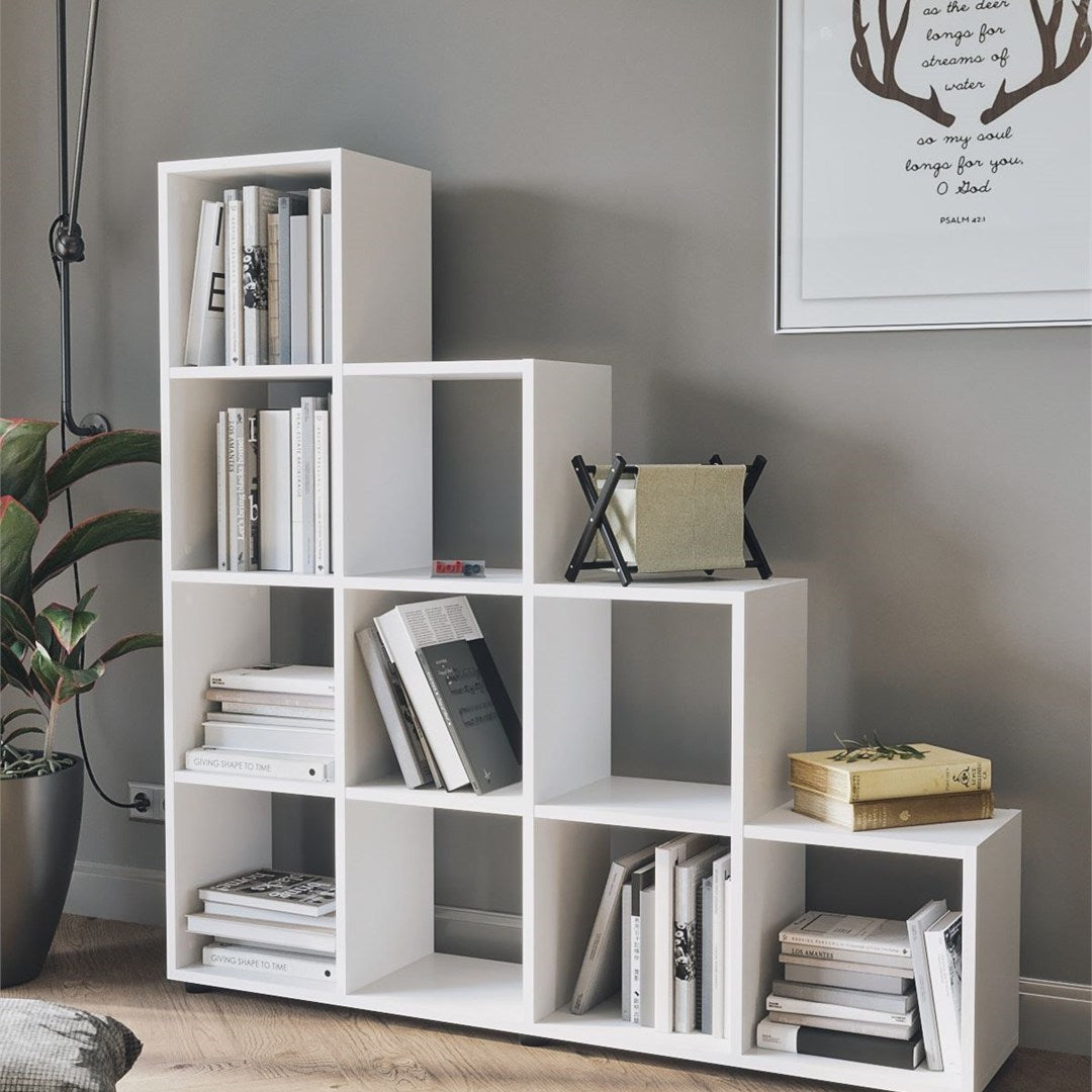 Biblioteca scara cu 10 rafturi, etajera carti 80 x 170 cm capacitate uriasa, doua laturi simetrice aerate, PAL melaminat 18 mm clasa E1 rezistent, stil scandinav modern ideal birou living sau studio Pin natur - detaliu 5