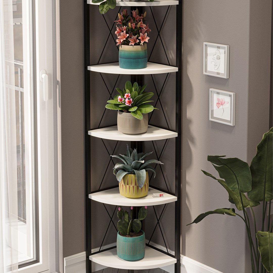 Biblioteca metalica de colt cu 5 rafturi, etajera colt 30 x 170 cm, cadru metalic negru stil industrial, rafturi triunghiulare PAL melaminat 18 mm, optimizeaza spatiul living birou sau dormitor, stil loft Alb - vedere principala