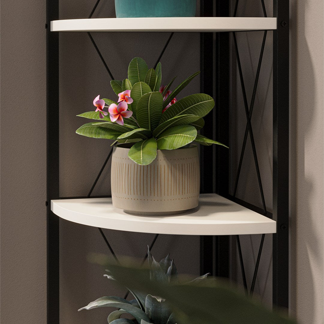 Biblioteca metalica de colt cu 5 rafturi, etajera colt 30 x 170 cm, cadru metalic negru stil industrial, rafturi triunghiulare PAL melaminat 18 mm, optimizeaza spatiul living birou sau dormitor, stil loft Alb - detaliu 2