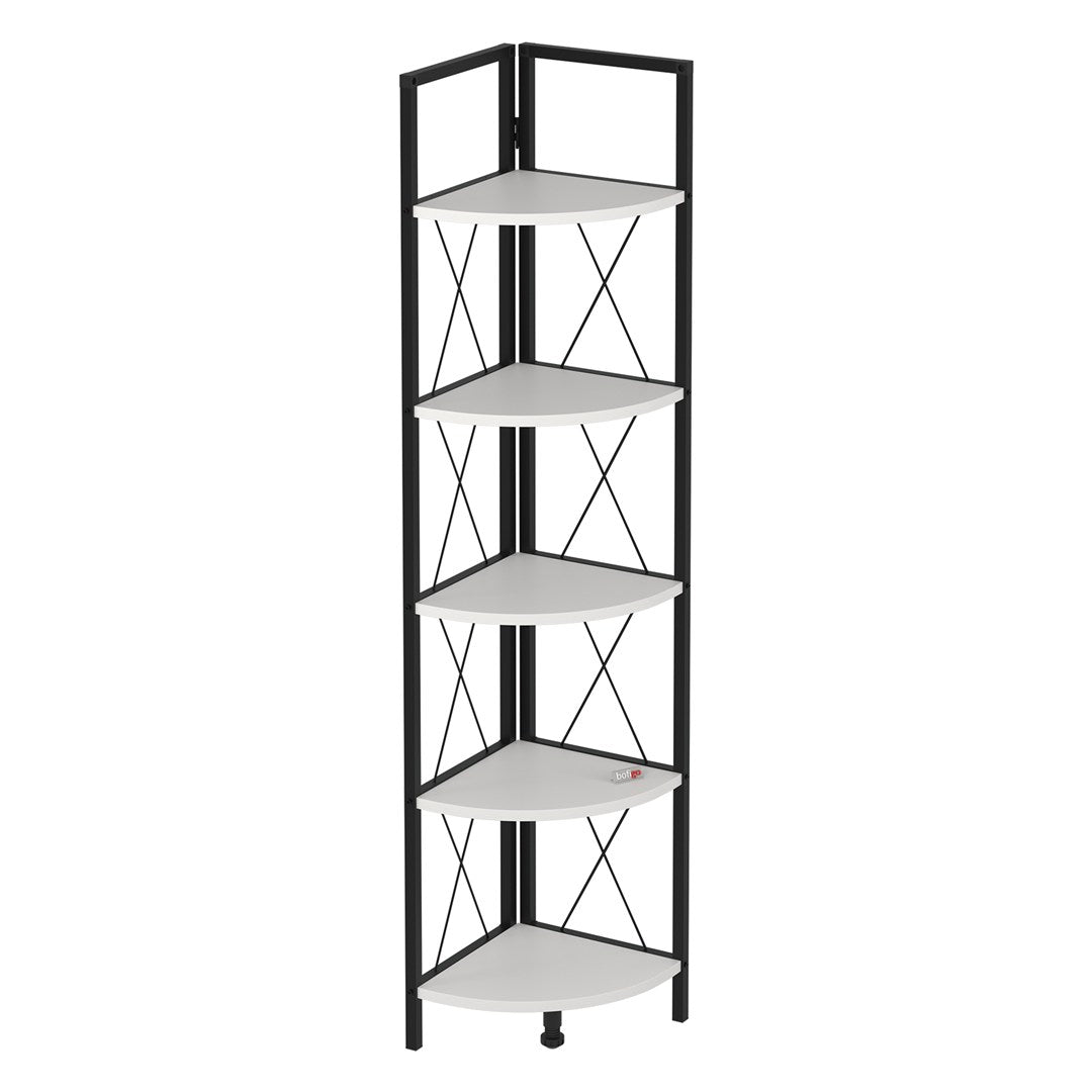 Biblioteca metalica de colt cu 5 rafturi, etajera colt 30 x 170 cm, cadru metalic negru stil industrial, rafturi triunghiulare PAL melaminat 18 mm, optimizeaza spatiul living birou sau dormitor, stil loft Alb - detaliu 5