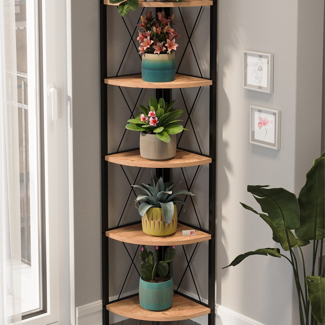 Biblioteca metalica de colt cu 5 rafturi, etajera colt 30 x 170 cm, cadru metalic negru stil industrial, rafturi triunghiulare PAL melaminat 18 mm, optimizeaza spatiul living birou sau dormitor, stil loft Alb - detaliu 7