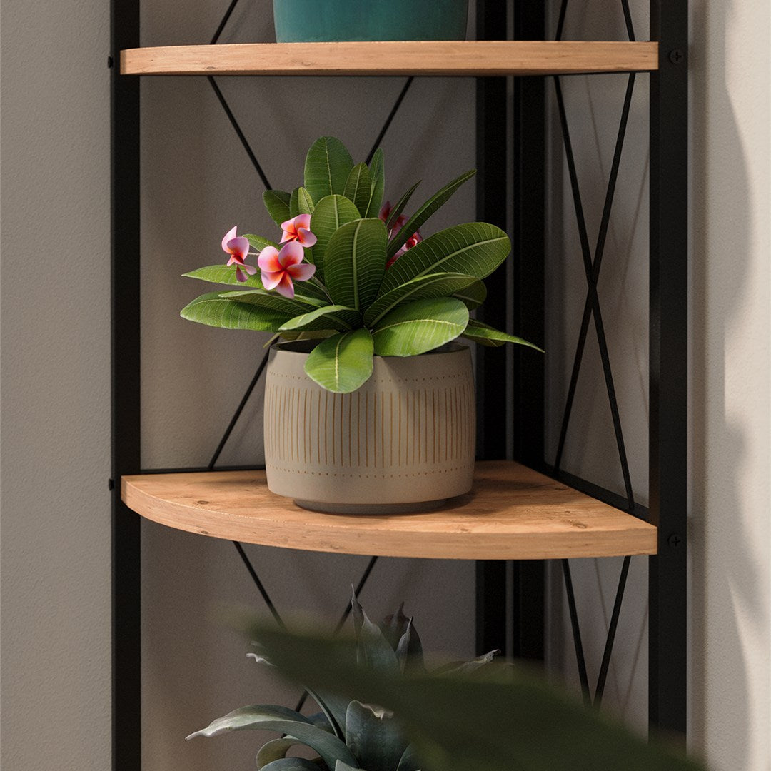 Biblioteca metalica de colt cu 5 rafturi, etajera colt 30 x 170 cm, cadru metalic negru stil industrial, rafturi triunghiulare PAL melaminat 18 mm, optimizeaza spatiul living birou sau dormitor, stil loft Pin natur - detaliu 2