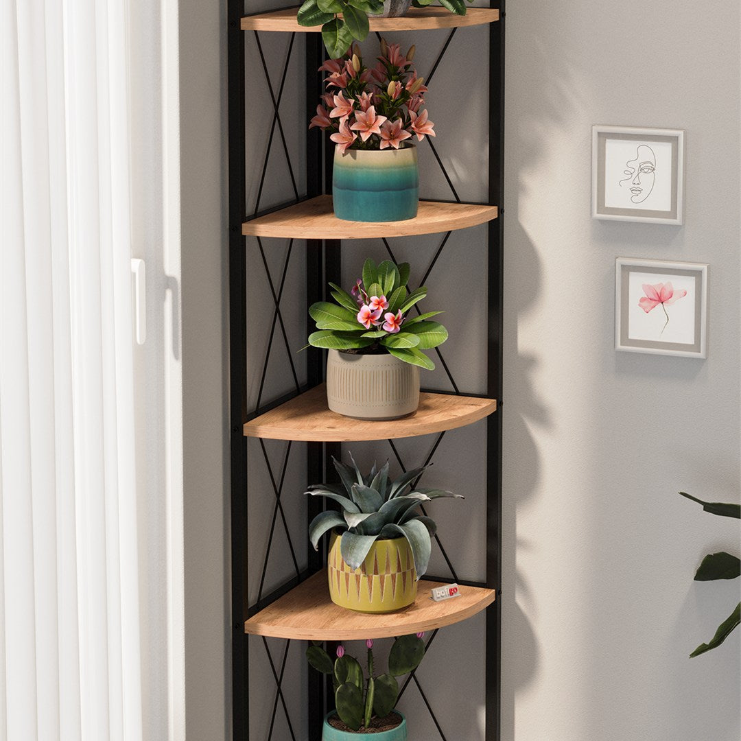 Biblioteca metalica de colt cu 5 rafturi, etajera colt 30 x 170 cm, cadru metalic negru stil industrial, rafturi triunghiulare PAL melaminat 18 mm, optimizeaza spatiul living birou sau dormitor, stil loft Pin natur - detaliu 4