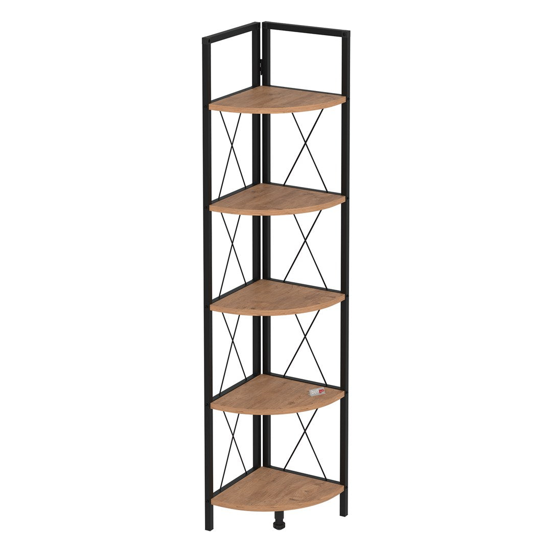Biblioteca metalica de colt cu 5 rafturi, etajera colt 30 x 170 cm, cadru metalic negru stil industrial, rafturi triunghiulare PAL melaminat 18 mm, optimizeaza spatiul living birou sau dormitor, stil loft Pin natur - detaliu 5