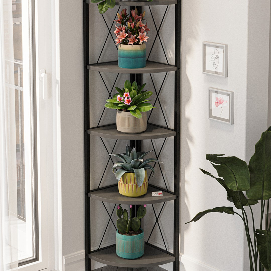 Biblioteca metalica de colt cu 5 rafturi, etajera colt 30 x 170 cm, cadru metalic negru stil industrial, rafturi triunghiulare PAL melaminat 18 mm, optimizeaza spatiul living birou sau dormitor, stil loft Pin natur - detaliu 8