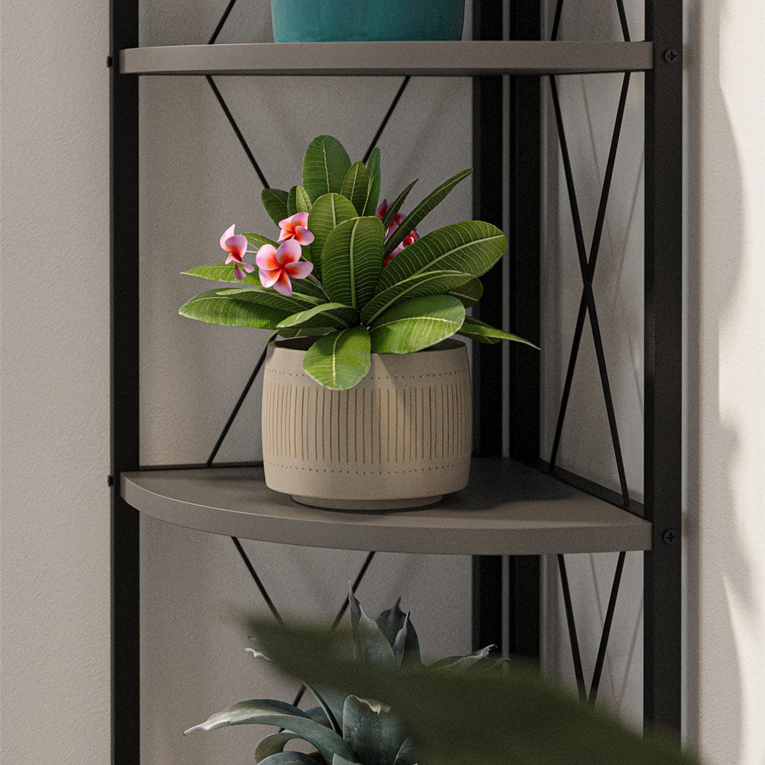 Biblioteca metalica de colt cu 5 rafturi, etajera colt 30 x 170 cm, cadru metalic negru stil industrial, rafturi triunghiulare PAL melaminat 18 mm, optimizeaza spatiul living birou sau dormitor, stil loft Antracit - detaliu 2