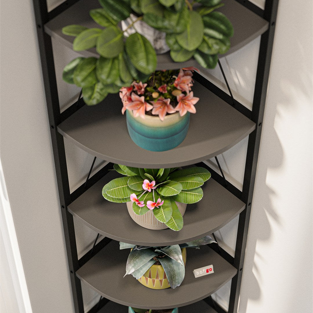 Biblioteca metalica de colt cu 5 rafturi, etajera colt 30 x 170 cm, cadru metalic negru stil industrial, rafturi triunghiulare PAL melaminat 18 mm, optimizeaza spatiul living birou sau dormitor, stil loft Antracit - detaliu 3