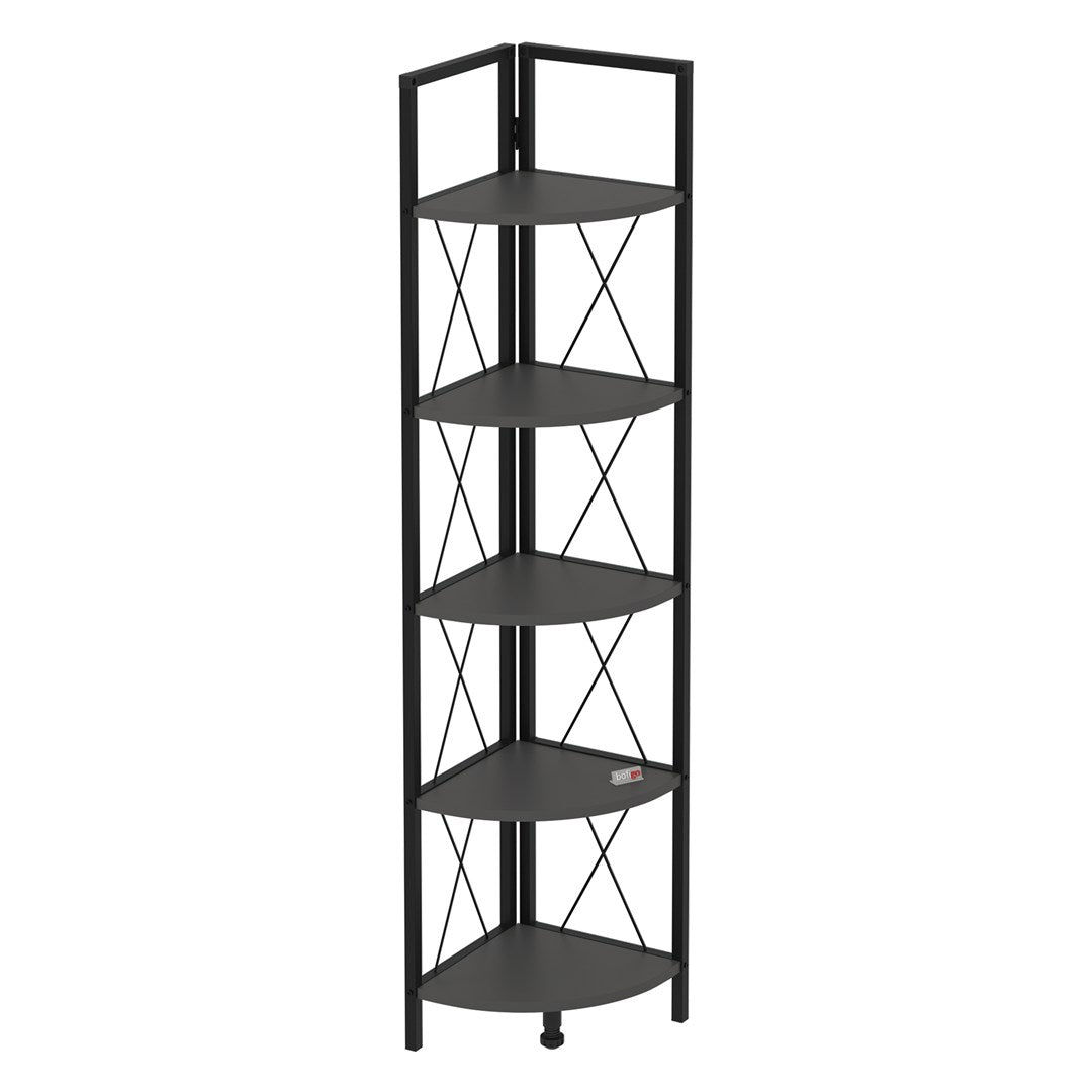 Biblioteca metalica de colt cu 5 rafturi, etajera colt 30 x 170 cm, cadru metalic negru stil industrial, rafturi triunghiulare PAL melaminat 18 mm, optimizeaza spatiul living birou sau dormitor, stil loft Antracit - detaliu 5