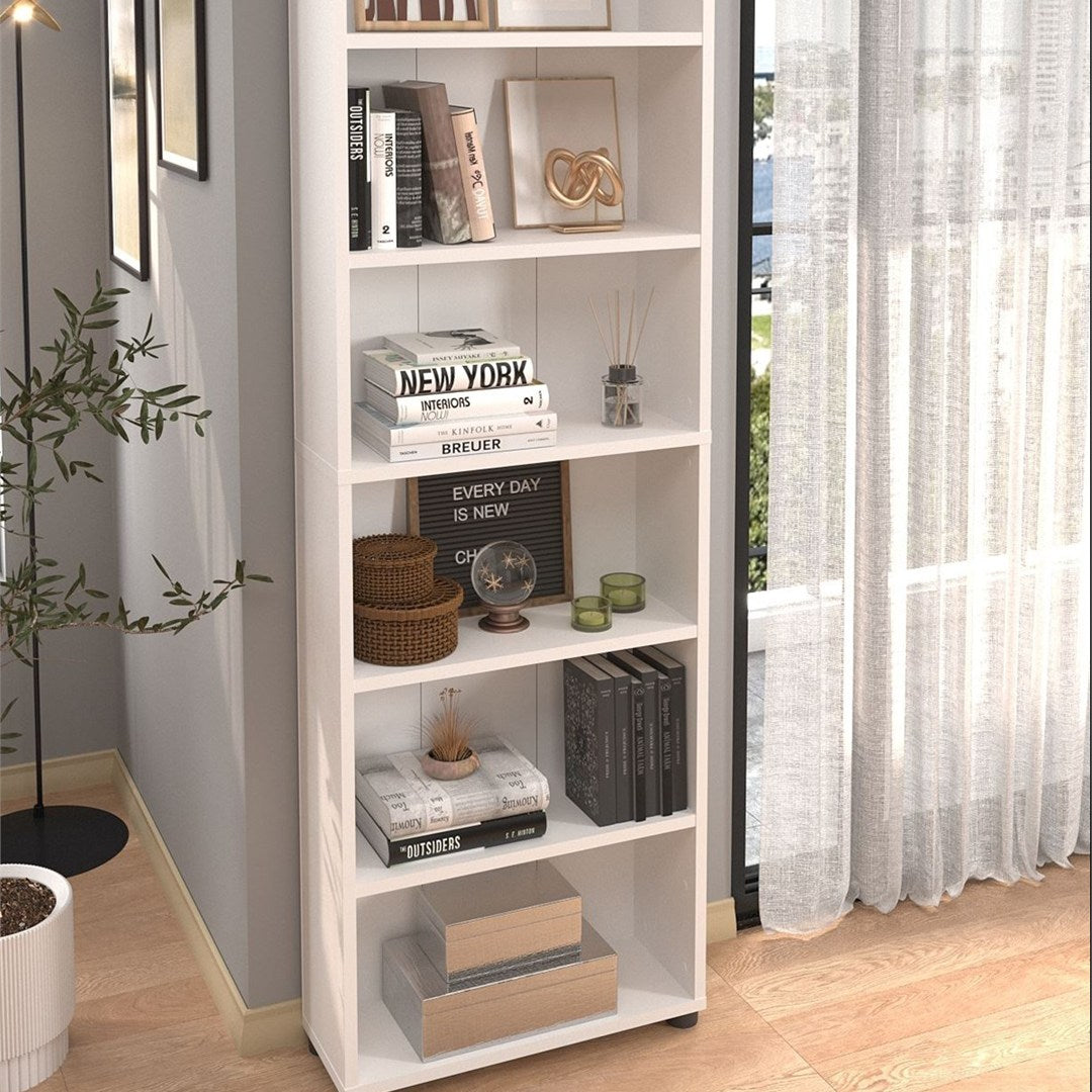 Biblioteca cu 6 rafturi din PAL, etajera carti 60 x 180 cm, PAL melaminat 18 mm clasa E1 cu margini ABS finisate, raft spatios pentru birou living sau dormitor, stil clasic modern scandinav Alb - vedere principala