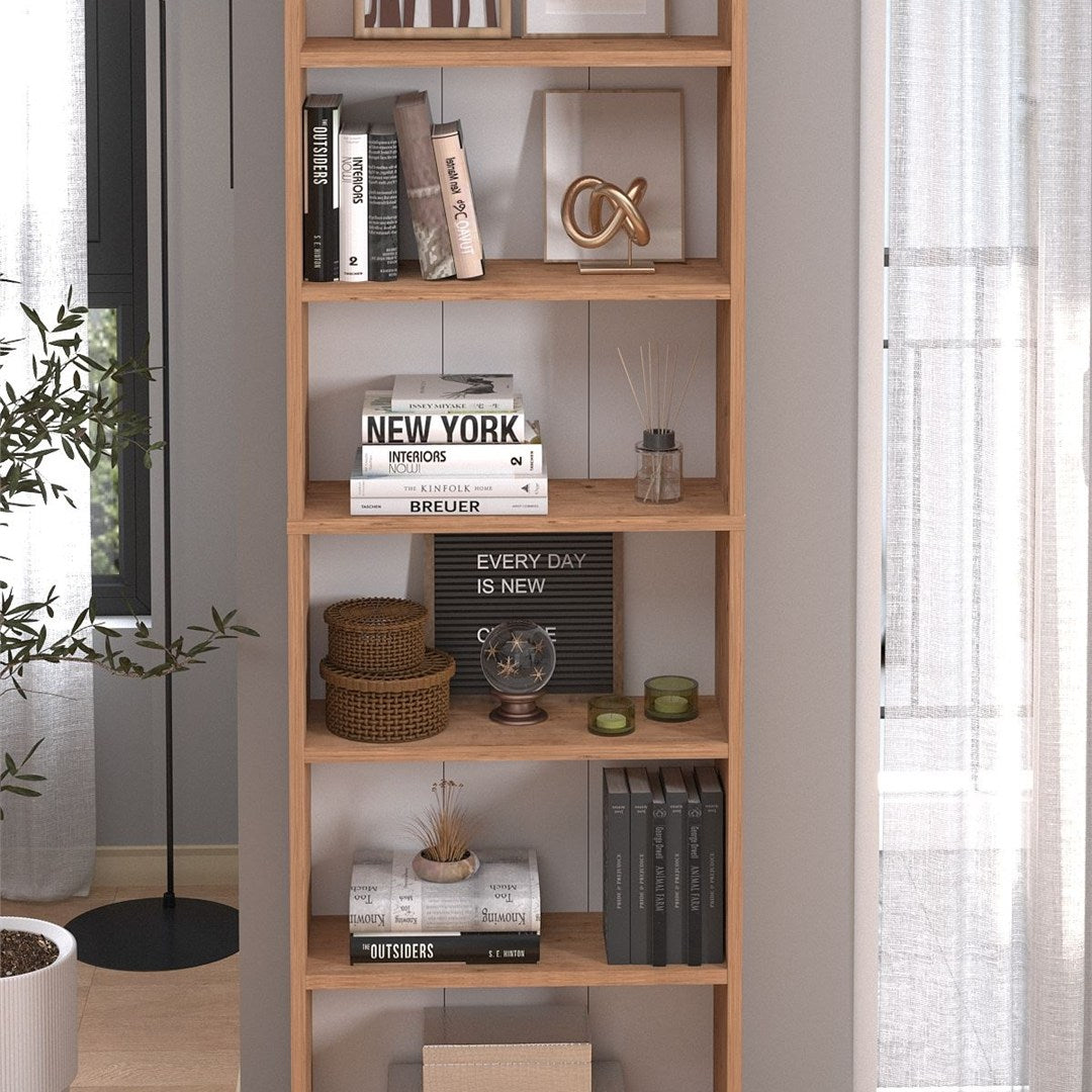 Biblioteca cu 6 rafturi din PAL, etajera carti 60 x 180 cm, PAL melaminat 18 mm clasa E1 cu margini ABS finisate, raft spatios pentru birou living sau dormitor, stil clasic modern scandinav Pin natur - detaliu 2