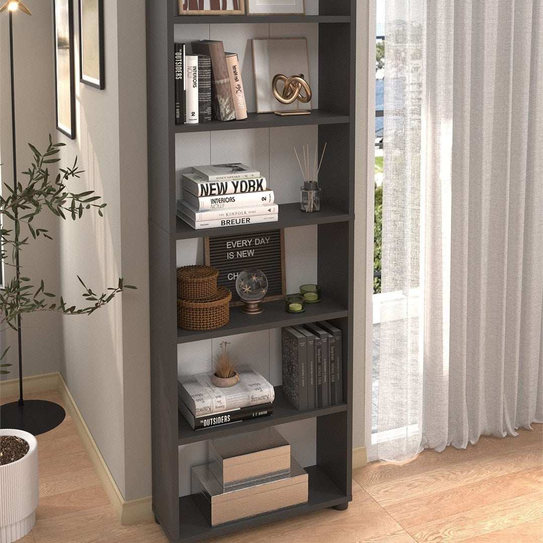 Biblioteca cu 6 rafturi din PAL, etajera carti 60 x 180 cm, PAL melaminat 18 mm clasa E1 cu margini ABS finisate, raft spatios pentru birou living sau dormitor, stil clasic modern scandinav Antracit - vedere principala