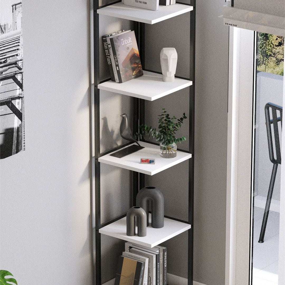 Biblioteca de colt Selanik cu 5 nivele, etajera colt 60 x 170 cm, polite late pentru carti mari sau obiecte decorative, PAL melaminat 18 mm clasa E1, stil modern scandinav ideal living sau birou Alb - detaliu 3