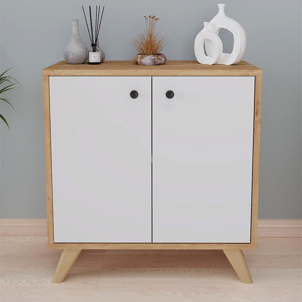 Biblioteca Smyrna joasa cu 2 rafturi, etajera 90 x 80 cm bicolor Stejar Safir + Alb, poate fi folosita si ca masuta sub fereastra in living, PAL melaminat 18 mm clasa E1, stil modern scandinav decorativ Stejar safir/Alb - vedere principala