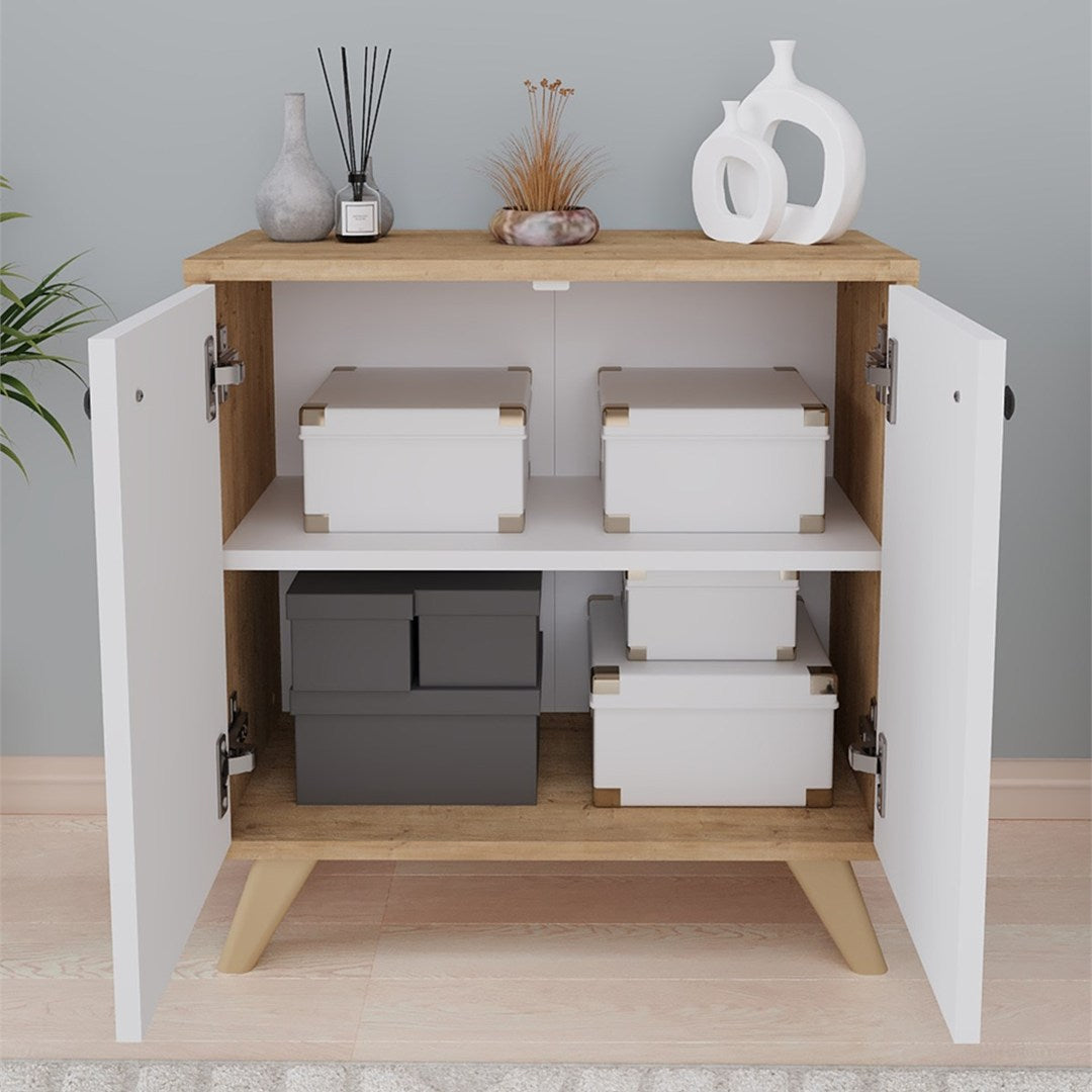 Biblioteca Smyrna joasa cu 2 rafturi, etajera 90 x 80 cm bicolor Stejar Safir + Alb, poate fi folosita si ca masuta sub fereastra in living, PAL melaminat 18 mm clasa E1, stil modern scandinav decorativ Stejar safir/Alb - detaliu 3