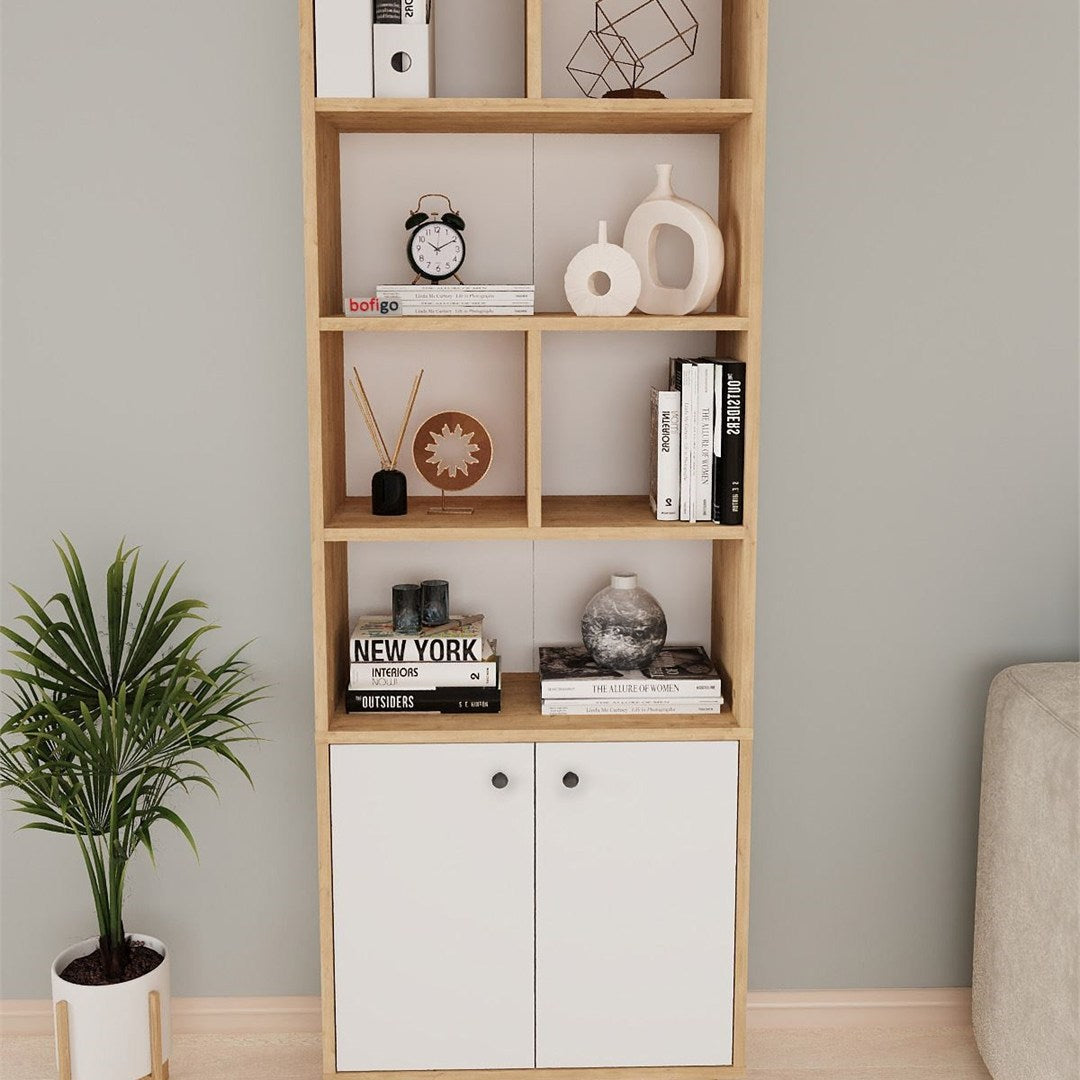 Biblioteca Smyrna cu 8 rafturi, etajera carti 90 x 180 cm capacitate mare, bicolor Stejar Safir + Alb, PAL melaminat 18 mm clasa E1, stil modern scandinav ideal birou studio sau living Stejar safir/Alb - detaliu 2