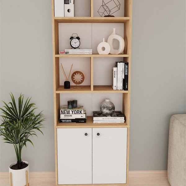 Biblioteca Smyrna cu 8 rafturi, etajera carti 90 x 180 cm capacitate mare, bicolor Stejar Safir + Alb, PAL melaminat 18 mm clasa E1, stil modern scandinav ideal birou studio sau living Stejar safir/Alb - detaliu 2