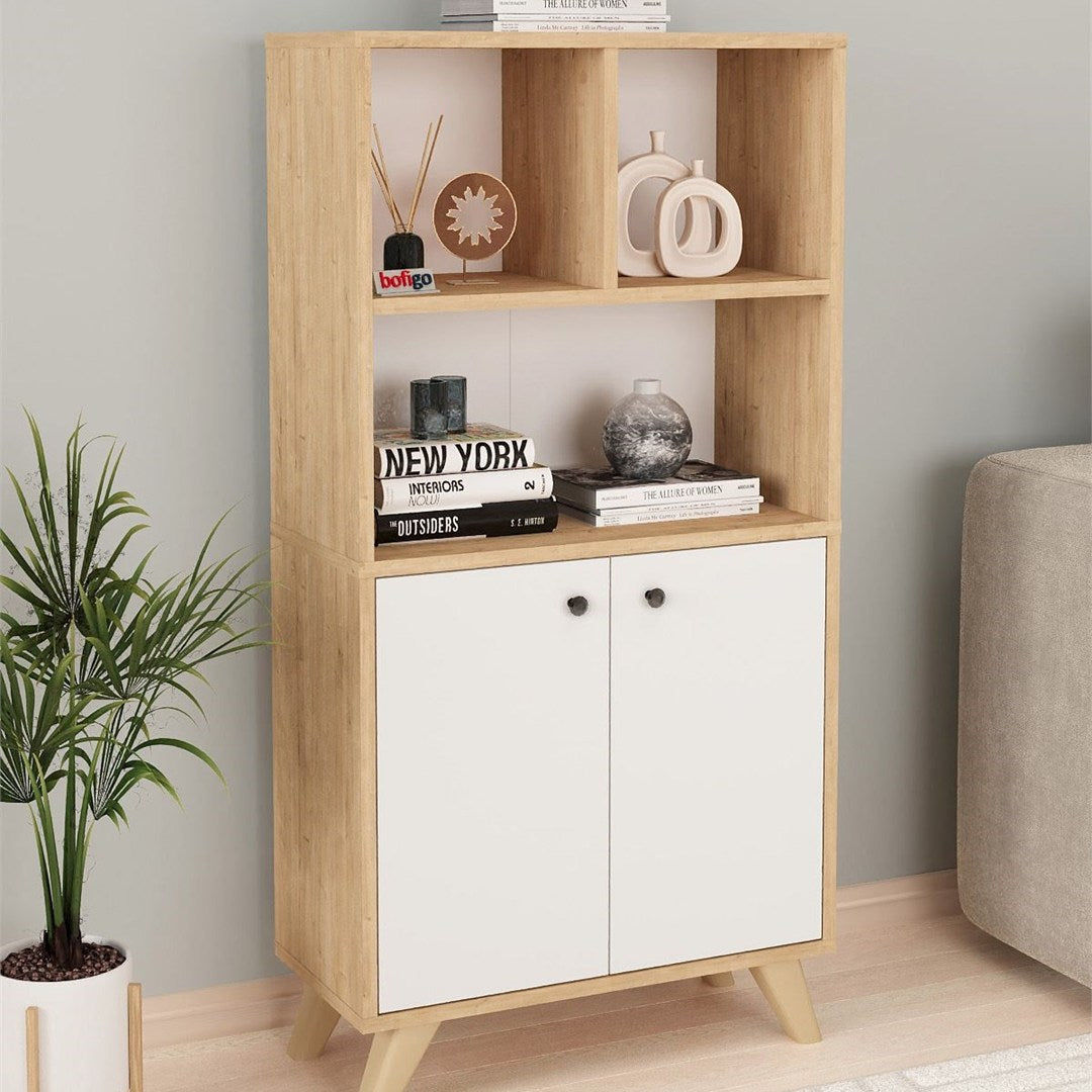 Biblioteca Smyrna cu 8 rafturi, etajera carti 90 x 180 cm capacitate mare, bicolor Stejar Safir + Alb, PAL melaminat 18 mm clasa E1, stil modern scandinav ideal birou studio sau living Stejar safir/Alb - detaliu 8