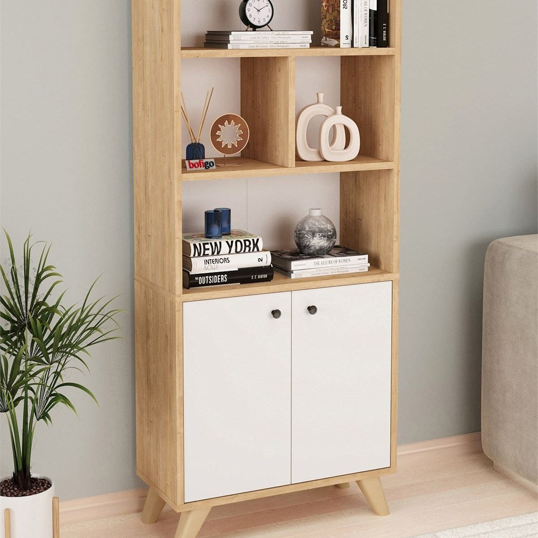 Biblioteca Smyrna cu 8 rafturi, etajera carti 90 x 180 cm capacitate mare, bicolor Stejar Safir + Alb, PAL melaminat 18 mm clasa E1, stil modern scandinav ideal birou studio sau living Stejar safir/Alb - detaliu 9