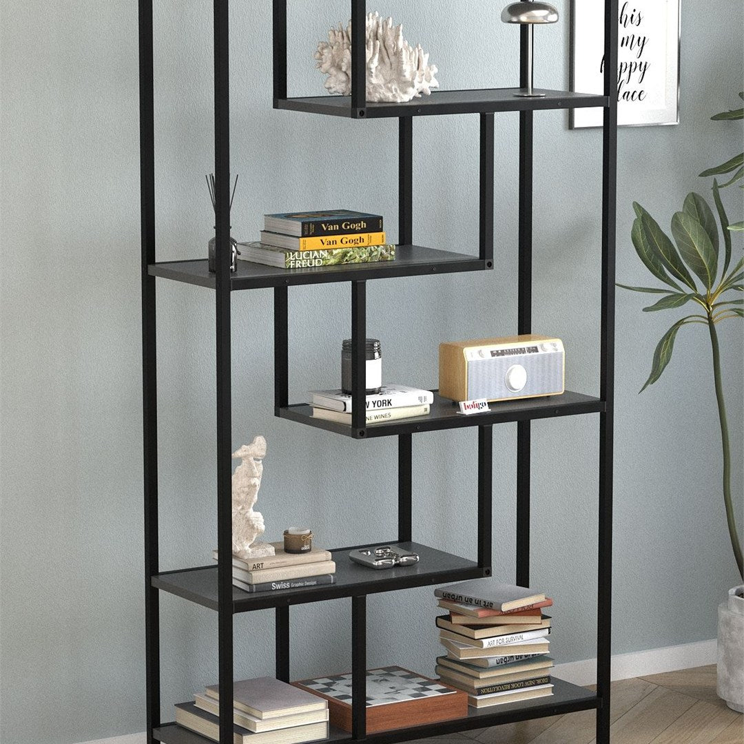 Biblioteca Larissa clasica cu rafturi multiple, etajera carti 80 x 175 cm, PAL melaminat 18 mm clasa E1, design discret se integreaza in orice camera, feronerie pre-instalata, stil modern scandinav minimalist Antracit - detaliu 2