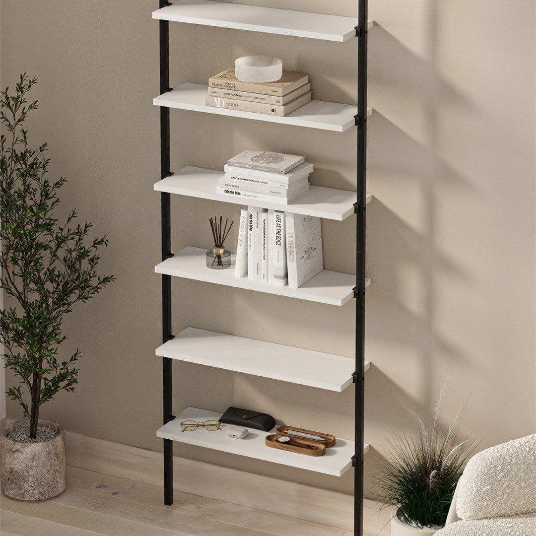 Biblioteca de perete cu 6 rafturi metalice, etajera plutitoare 90 x 100 cm, polite PAL melaminat 18 mm + suporti metalici negri, elibereaza spatiul de pe podea, accesorii fixare incluse, stil modern loft Alb - vedere principala
