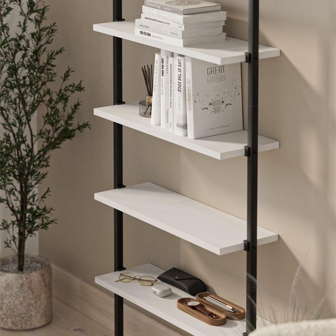 Biblioteca de perete cu 6 rafturi metalice, etajera plutitoare 90 x 100 cm, polite PAL melaminat 18 mm + suporti metalici negri, elibereaza spatiul de pe podea, accesorii fixare incluse, stil modern loft Alb - detaliu 3