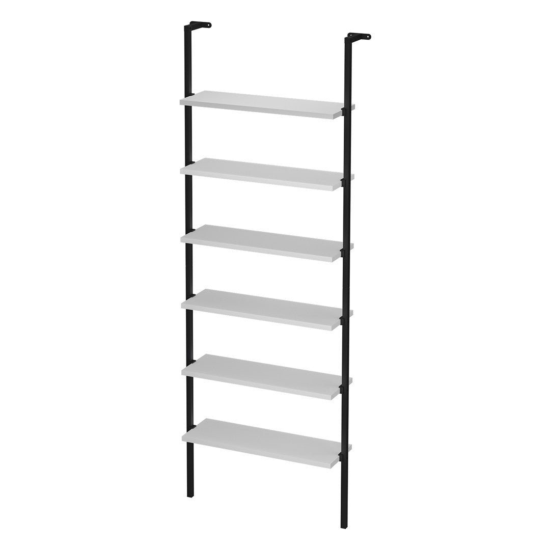 Biblioteca de perete cu 6 rafturi metalice, etajera plutitoare 90 x 100 cm, polite PAL melaminat 18 mm + suporti metalici negri, elibereaza spatiul de pe podea, accesorii fixare incluse, stil modern loft Alb - detaliu 5