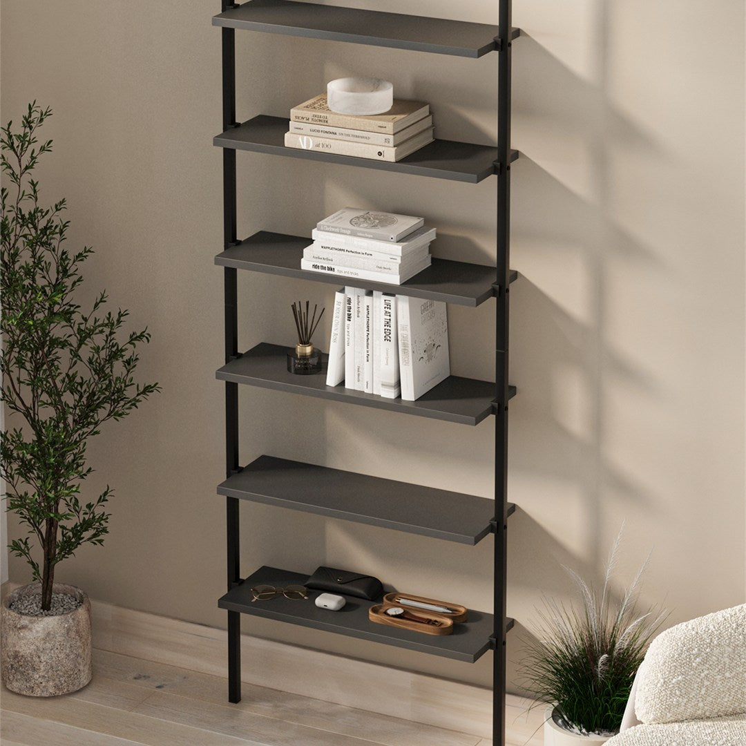 Biblioteca de perete cu 6 rafturi metalice, etajera plutitoare 90 x 100 cm, polite PAL melaminat 18 mm + suporti metalici negri, elibereaza spatiul de pe podea, accesorii fixare incluse, stil modern loft Alb - detaliu 8