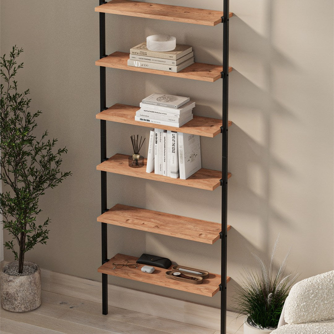 Biblioteca de perete cu 6 rafturi metalice, etajera plutitoare 90 x 100 cm, polite PAL melaminat 18 mm + suporti metalici negri, elibereaza spatiul de pe podea, accesorii fixare incluse, stil modern loft Pin natur - detaliu 2