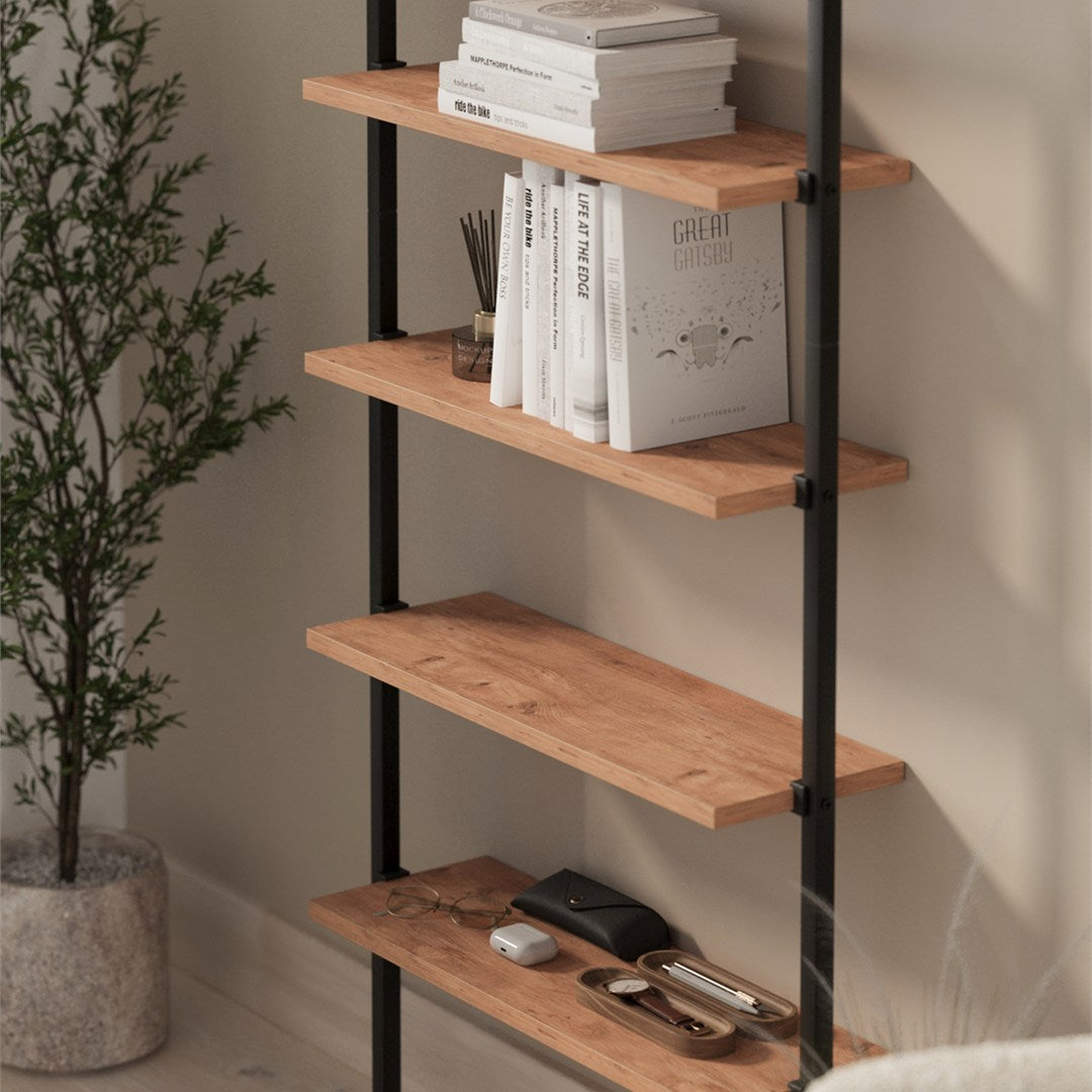 Biblioteca de perete cu 6 rafturi metalice, etajera plutitoare 90 x 100 cm, polite PAL melaminat 18 mm + suporti metalici negri, elibereaza spatiul de pe podea, accesorii fixare incluse, stil modern loft Pin natur - detaliu 3