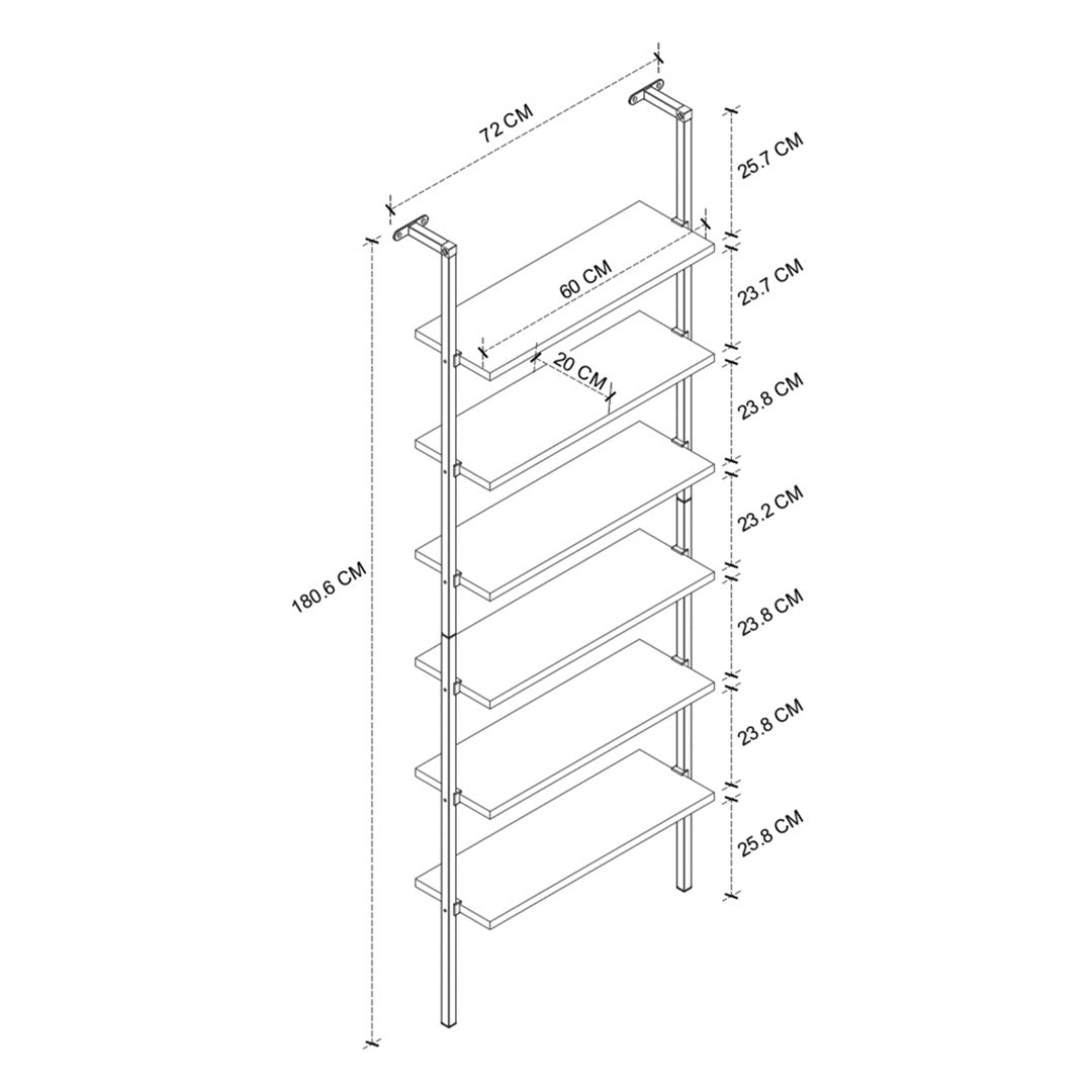 Biblioteca de perete cu 6 rafturi metalice, etajera plutitoare 90 x 100 cm, polite PAL melaminat 18 mm + suporti metalici negri, elibereaza spatiul de pe podea, accesorii fixare incluse, stil modern loft Pin natur - detaliu 6